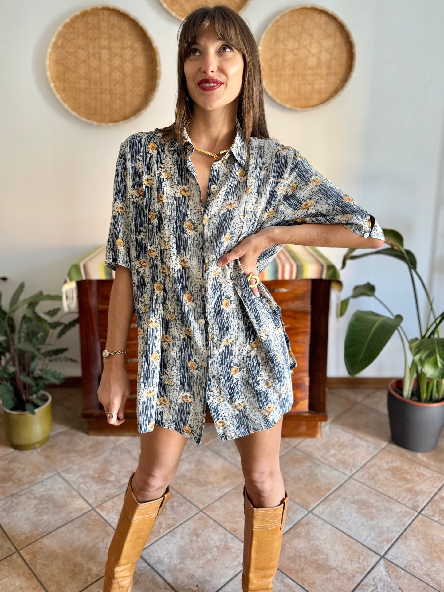 1970's vintage sheer multi tonal blue and tan geometric print blouse