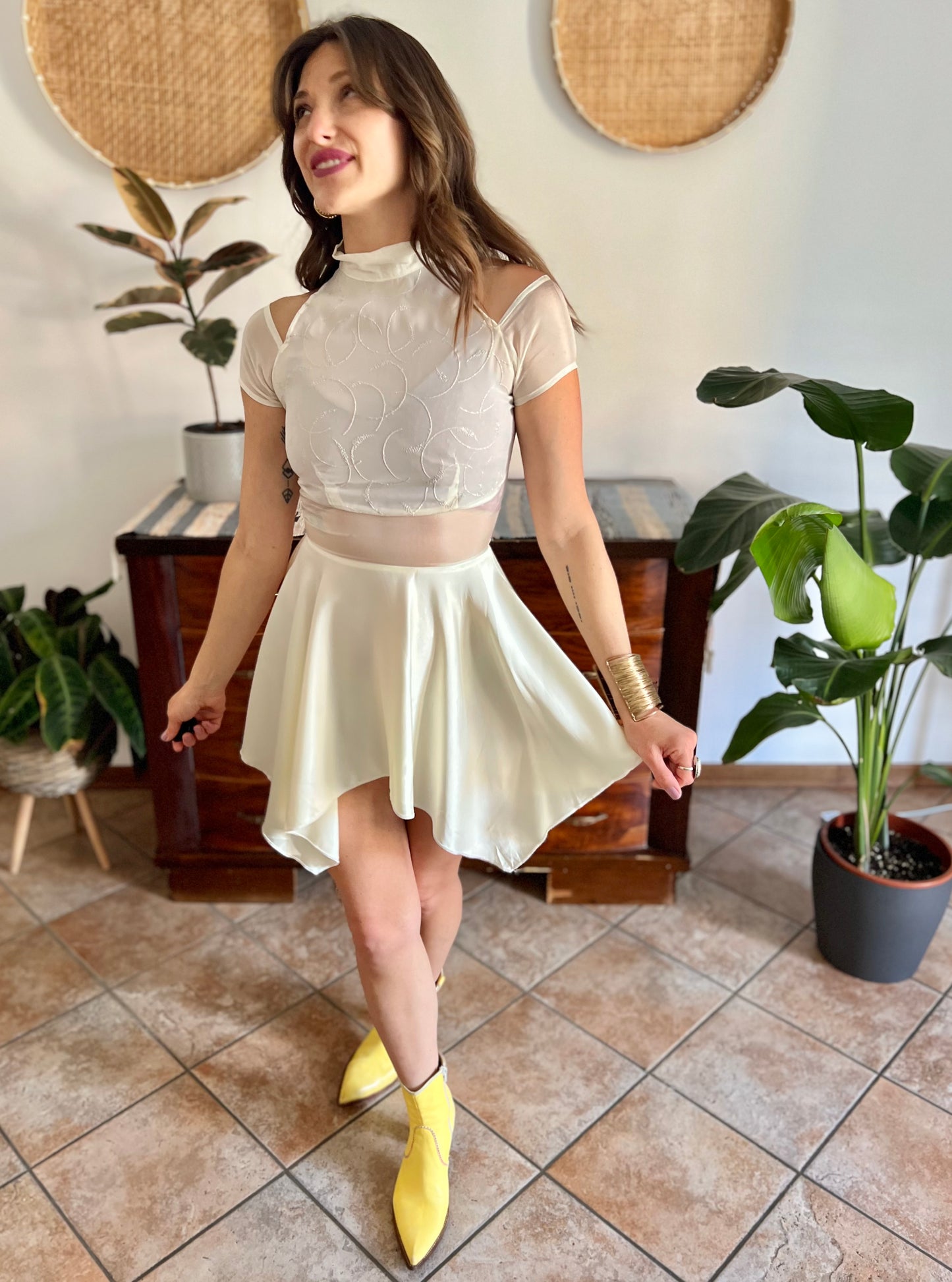 1970's vintage cream semi sheer silk midi dress with glitter details