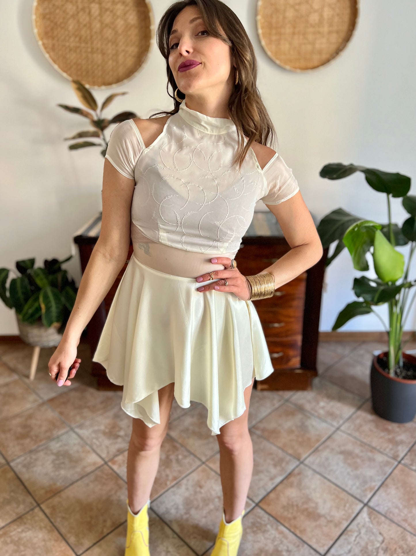 1970's vintage cream semi sheer silk midi dress with glitter details