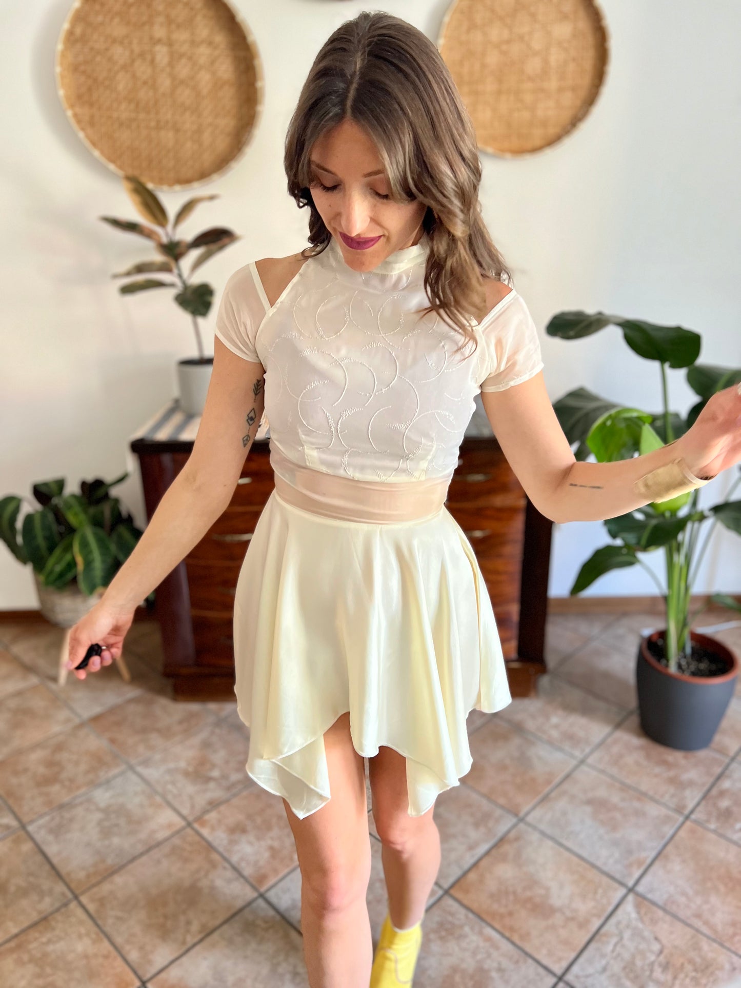 1970's vintage cream semi sheer silk midi dress with glitter details