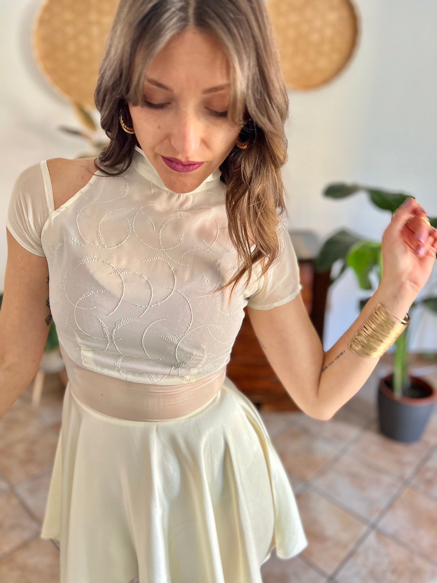 1970's vintage cream semi sheer silk midi dress with glitter details