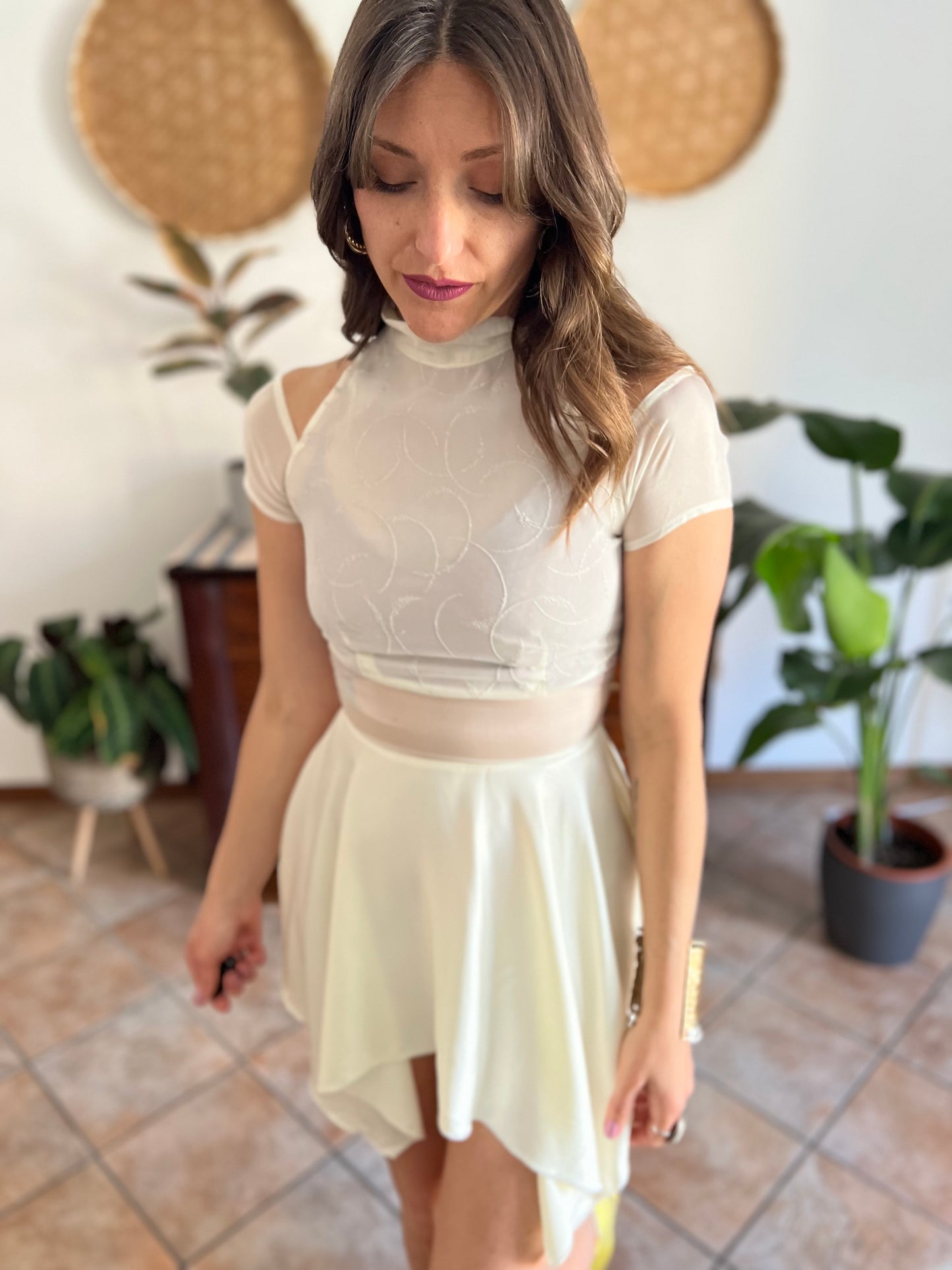 1970's vintage cream semi sheer silk midi dress with glitter details