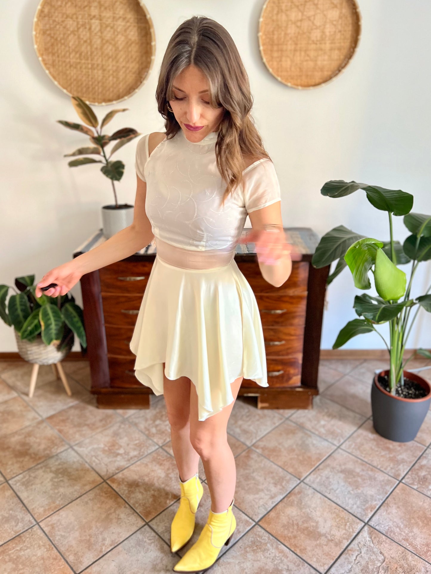 1970's vintage cream semi sheer silk midi dress with glitter details