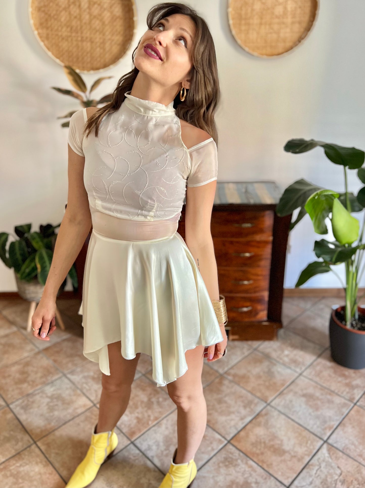 1970's vintage cream semi sheer silk midi dress with glitter details