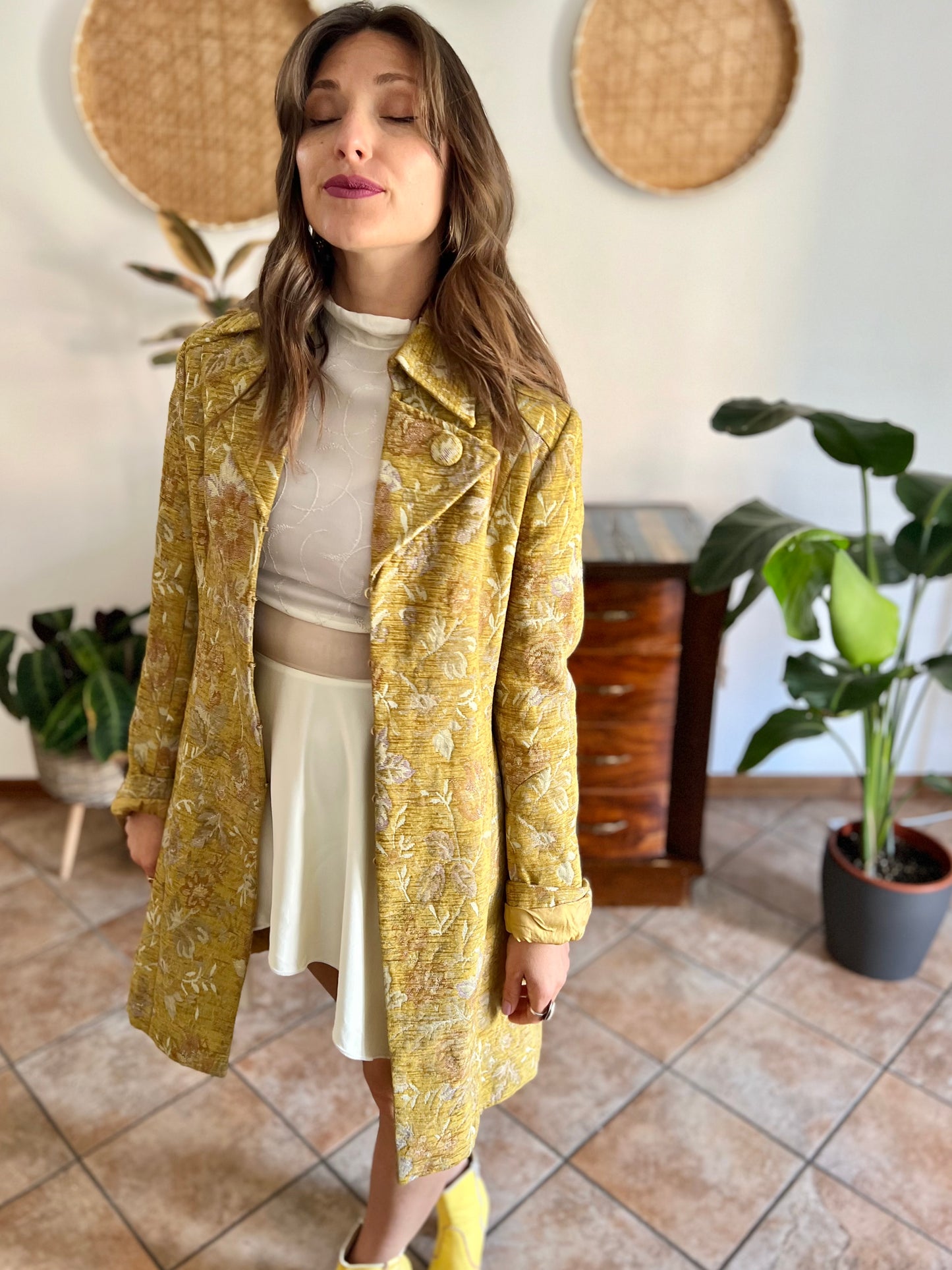 Y2k yellow brocade coat with pink and lilac floral weave