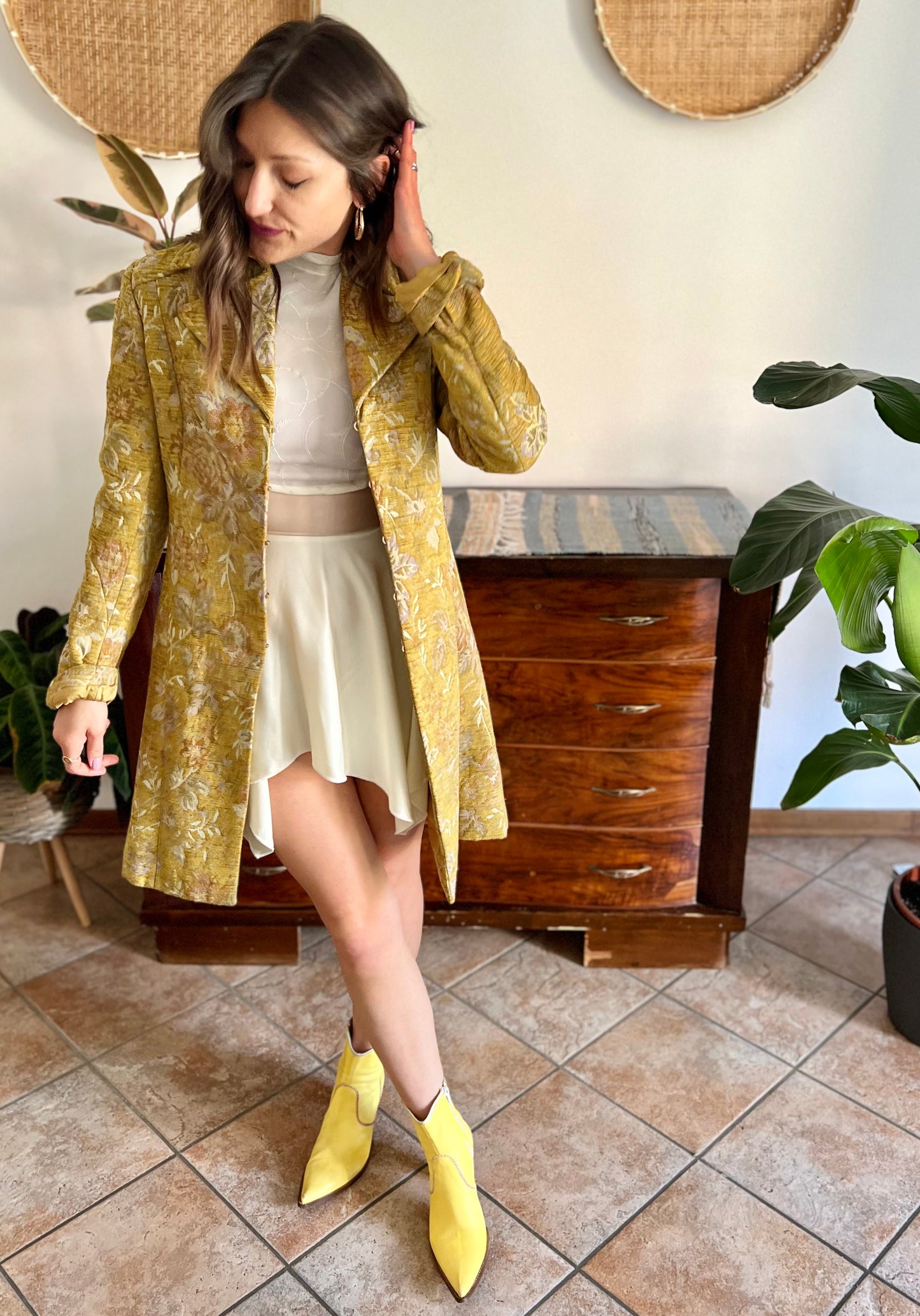Y2k yellow brocade coat with pink and lilac floral weave