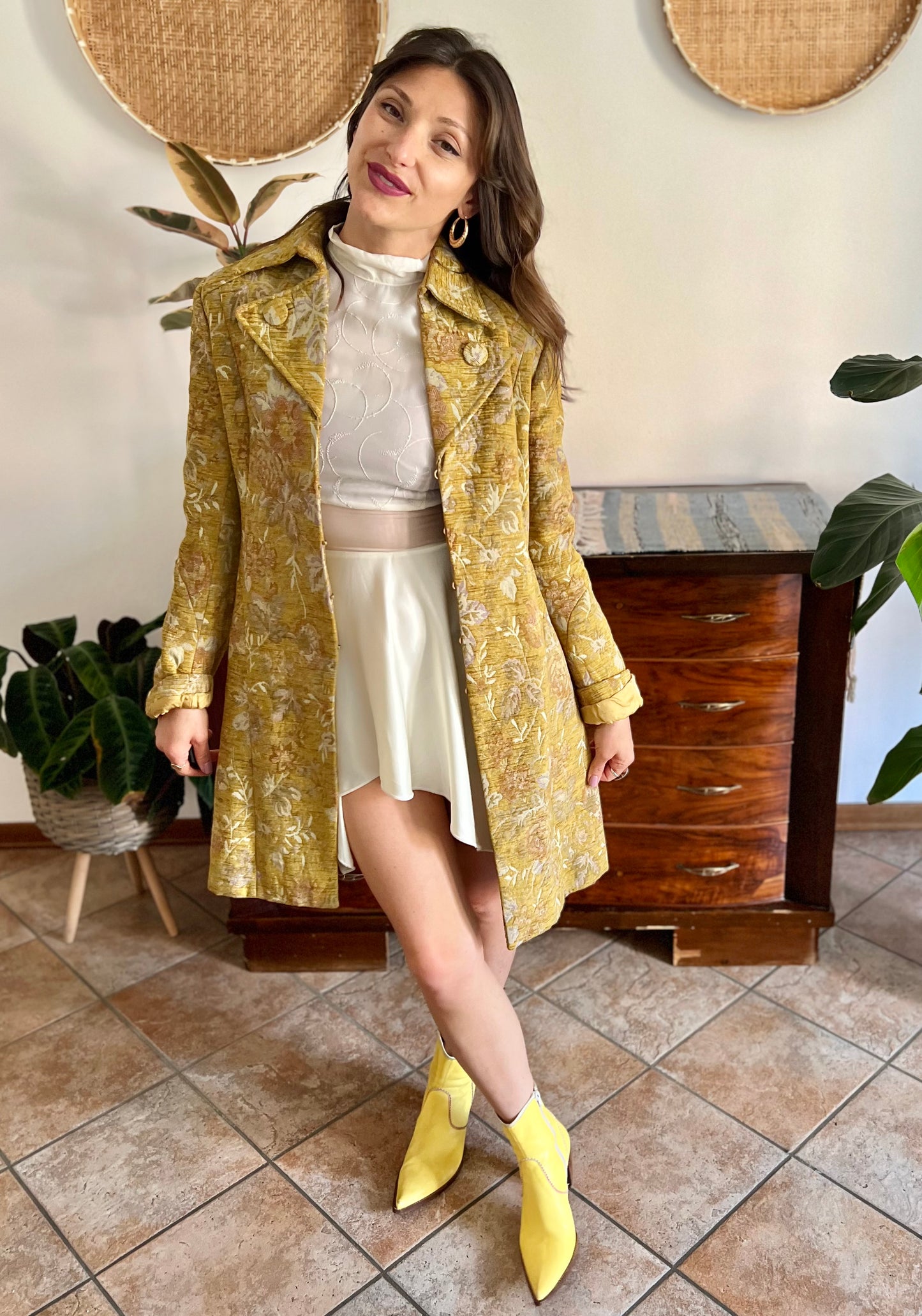 Y2k yellow brocade coat with pink and lilac floral weave