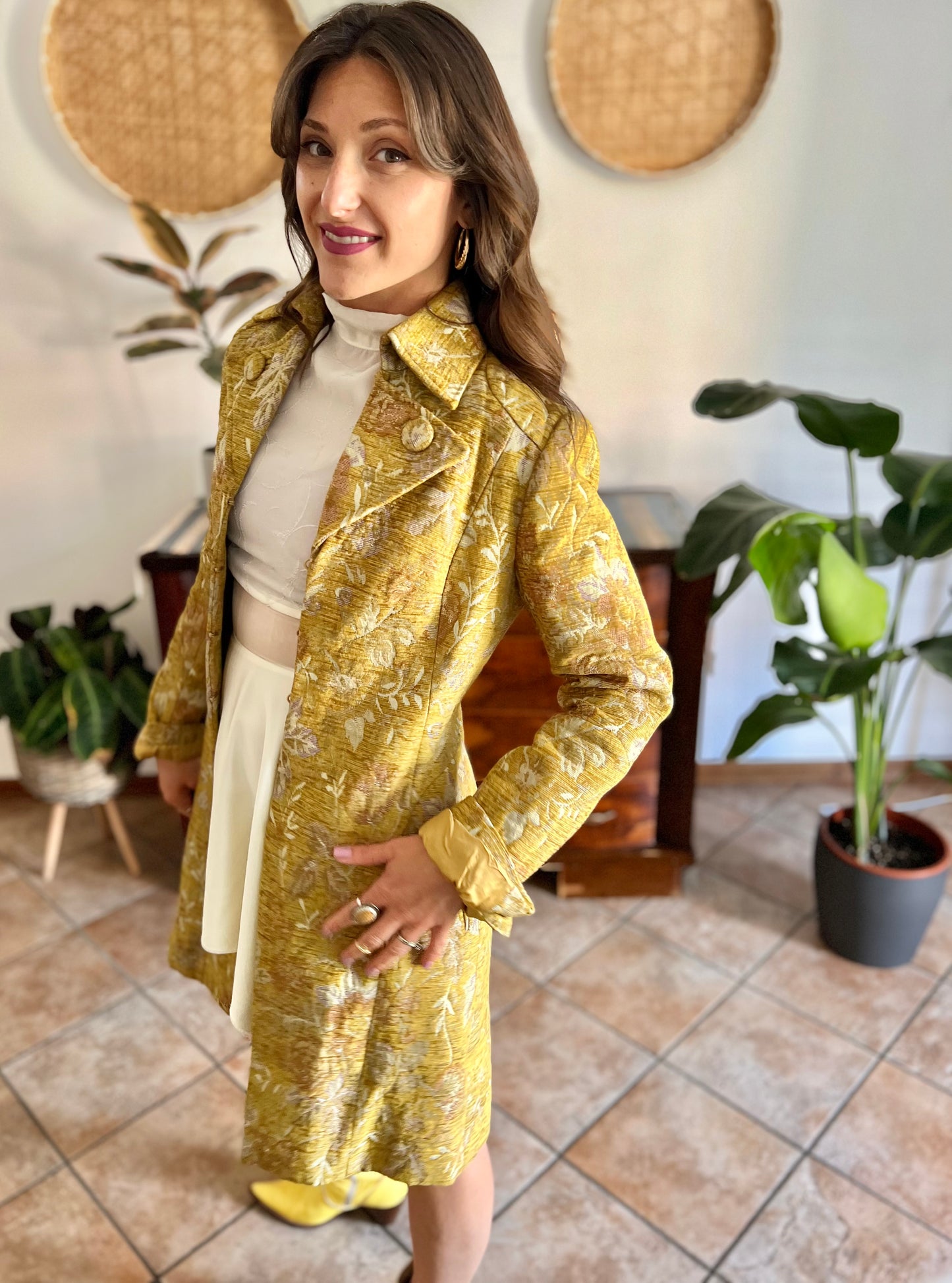 Y2k yellow brocade coat with pink and lilac floral weave