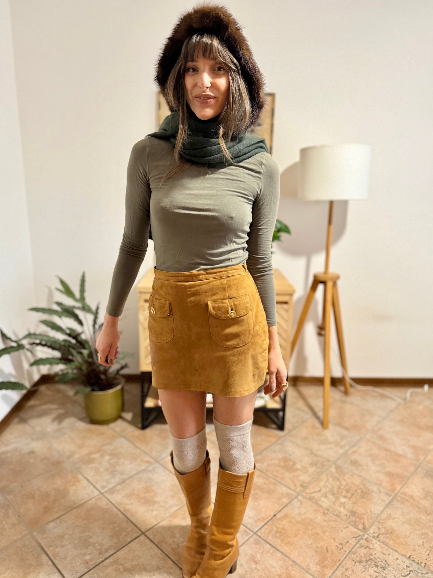 1960's vintage hand knit dark green wool hood and scarf