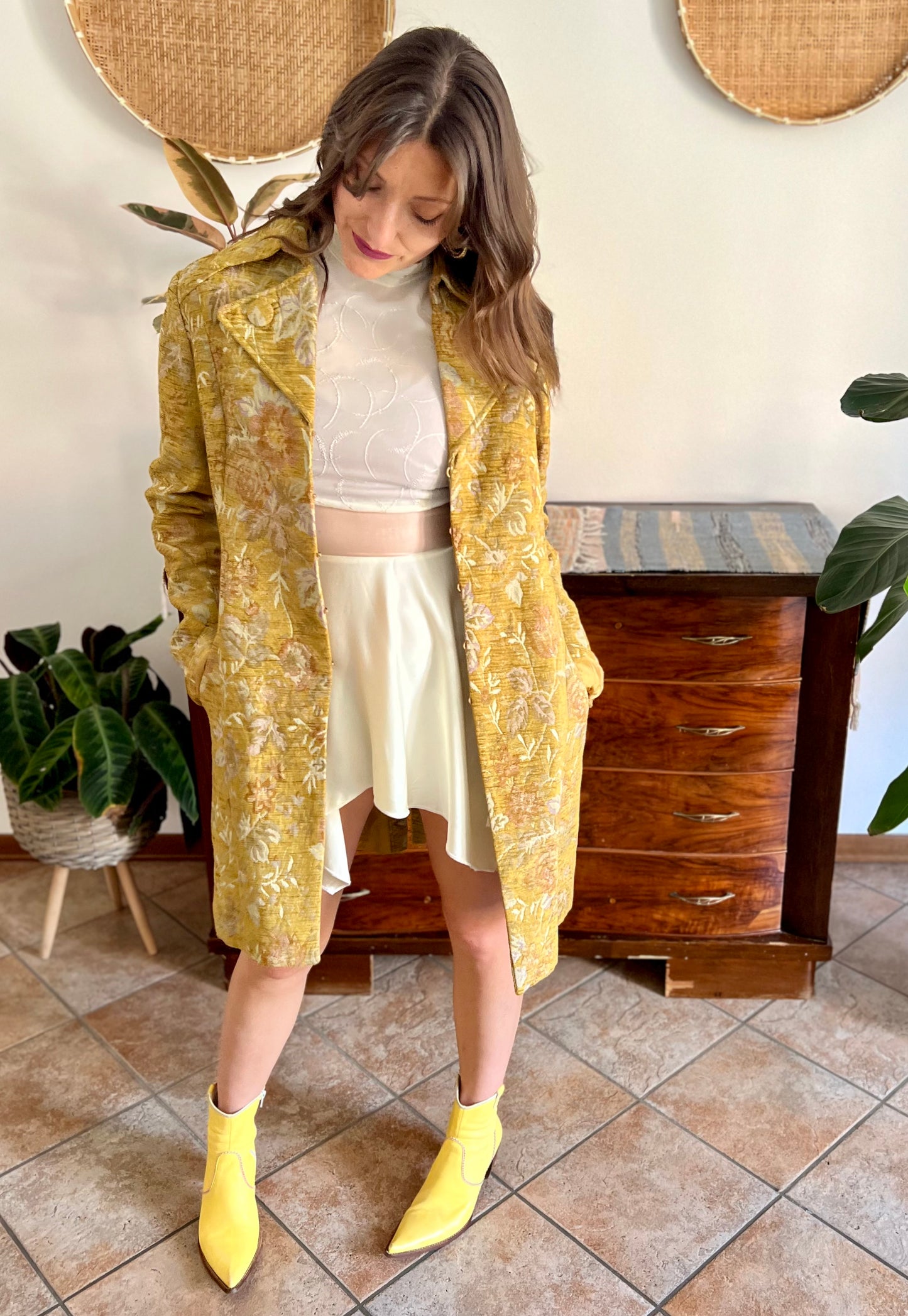 Y2k yellow brocade coat with pink and lilac floral weave
