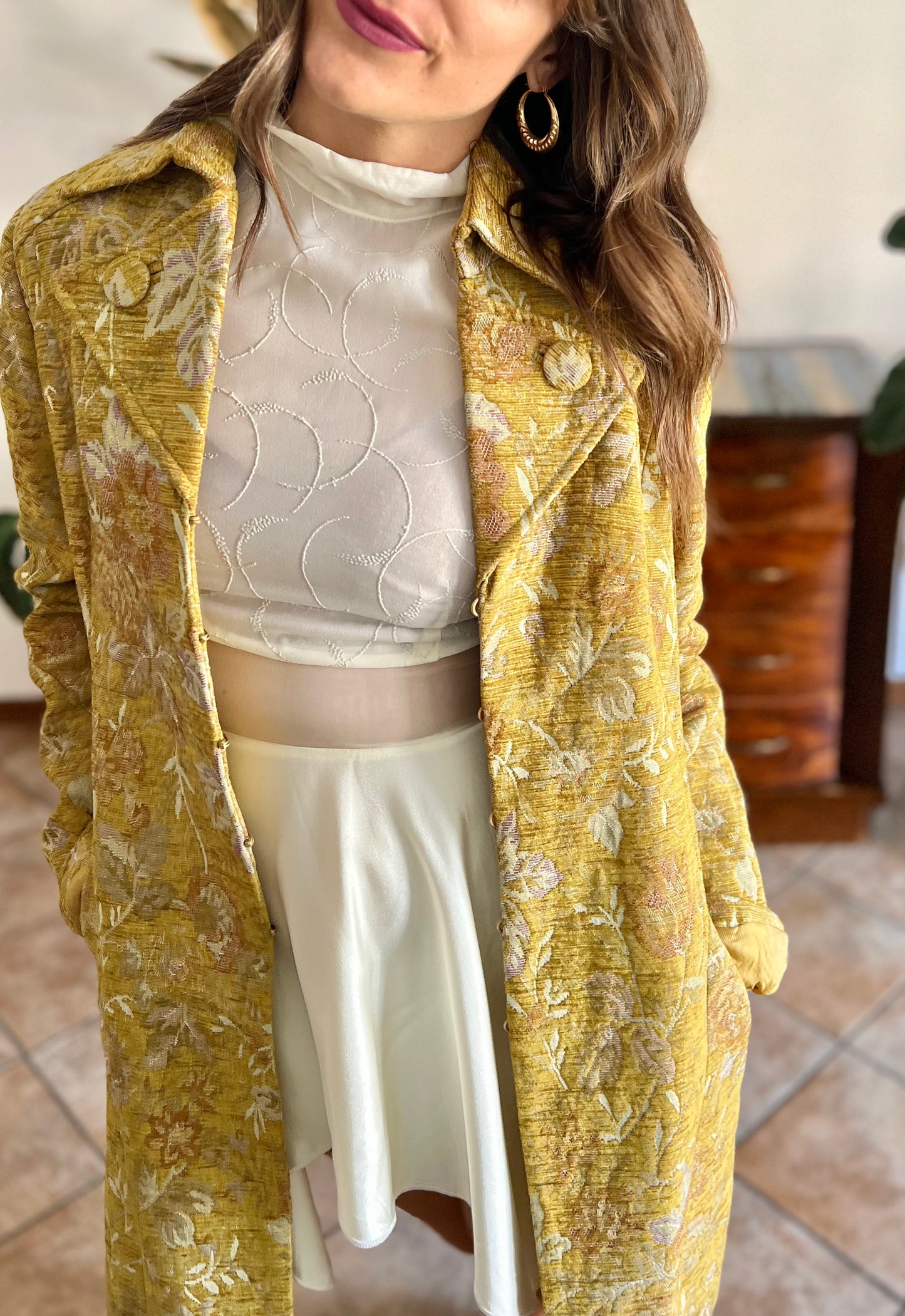 Y2k yellow brocade coat with pink and lilac floral weave