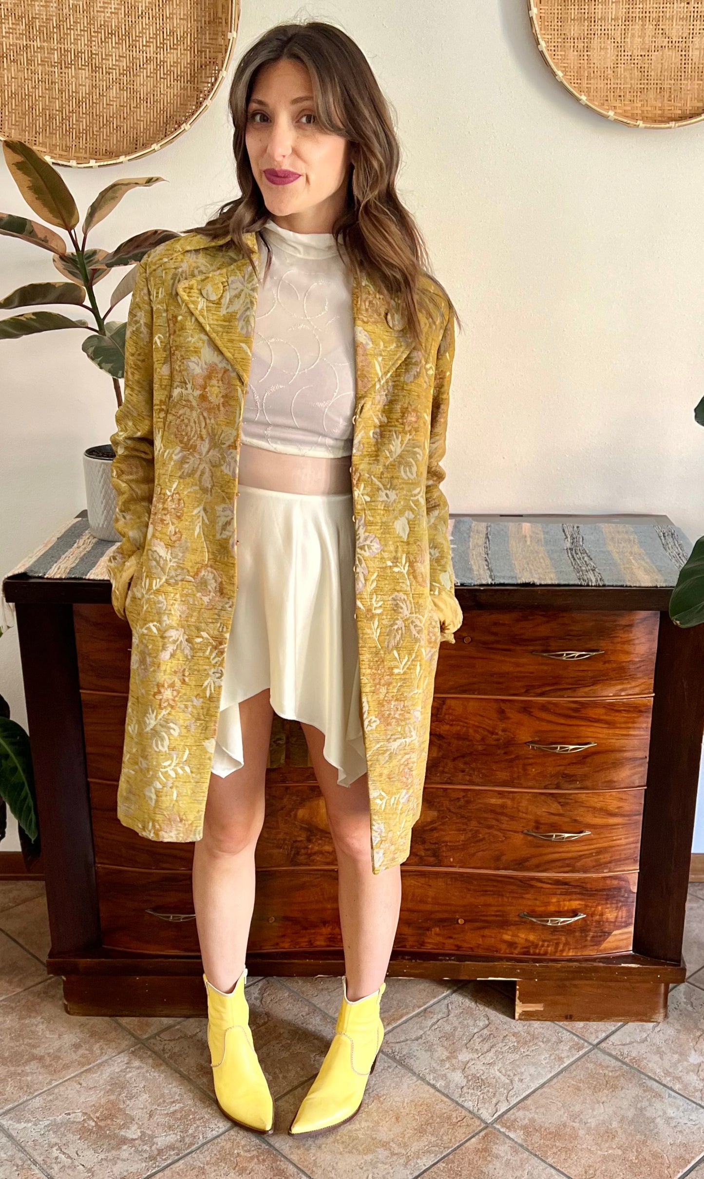 Y2k yellow brocade coat with pink and lilac floral weave