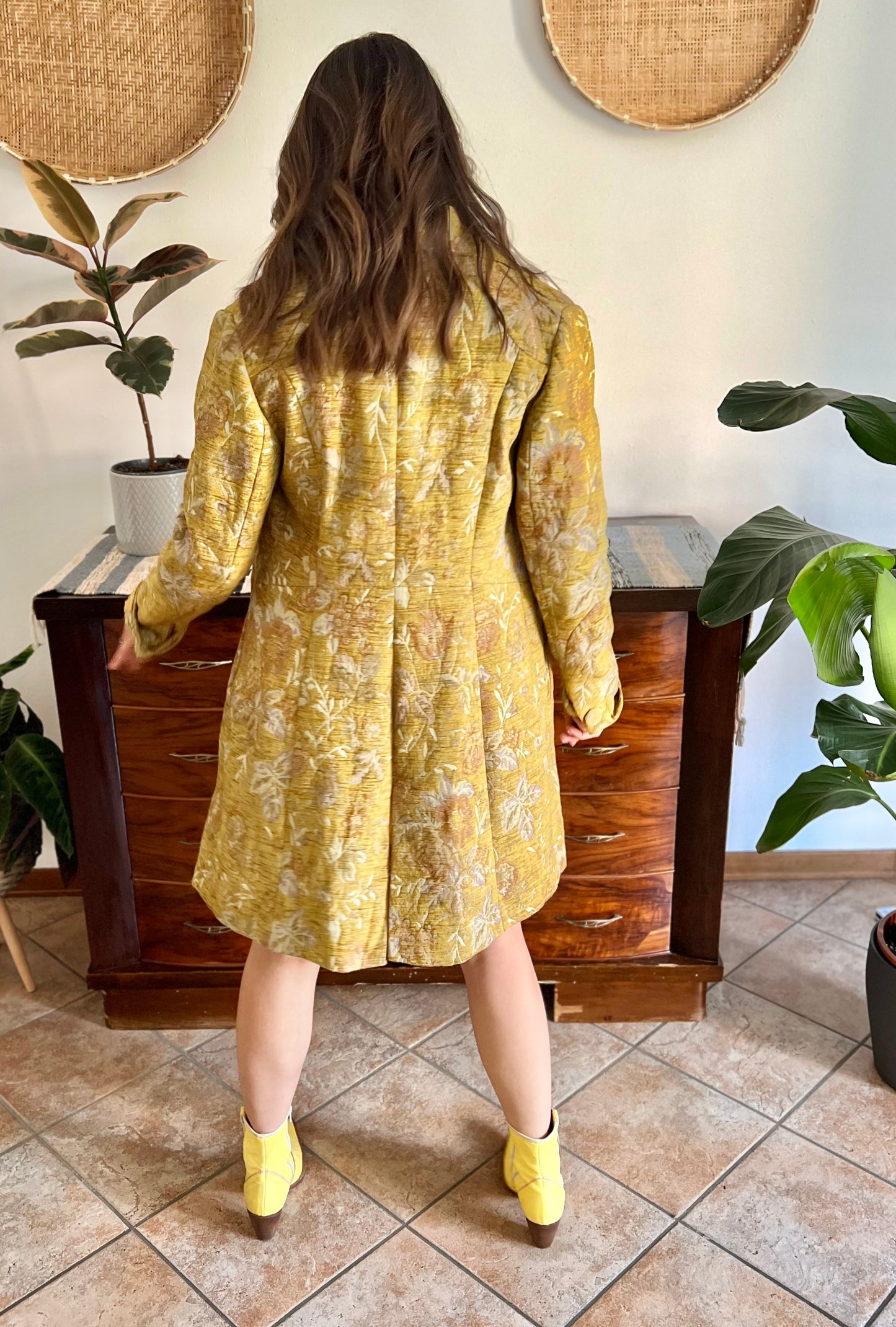Y2k yellow brocade coat with pink and lilac floral weave