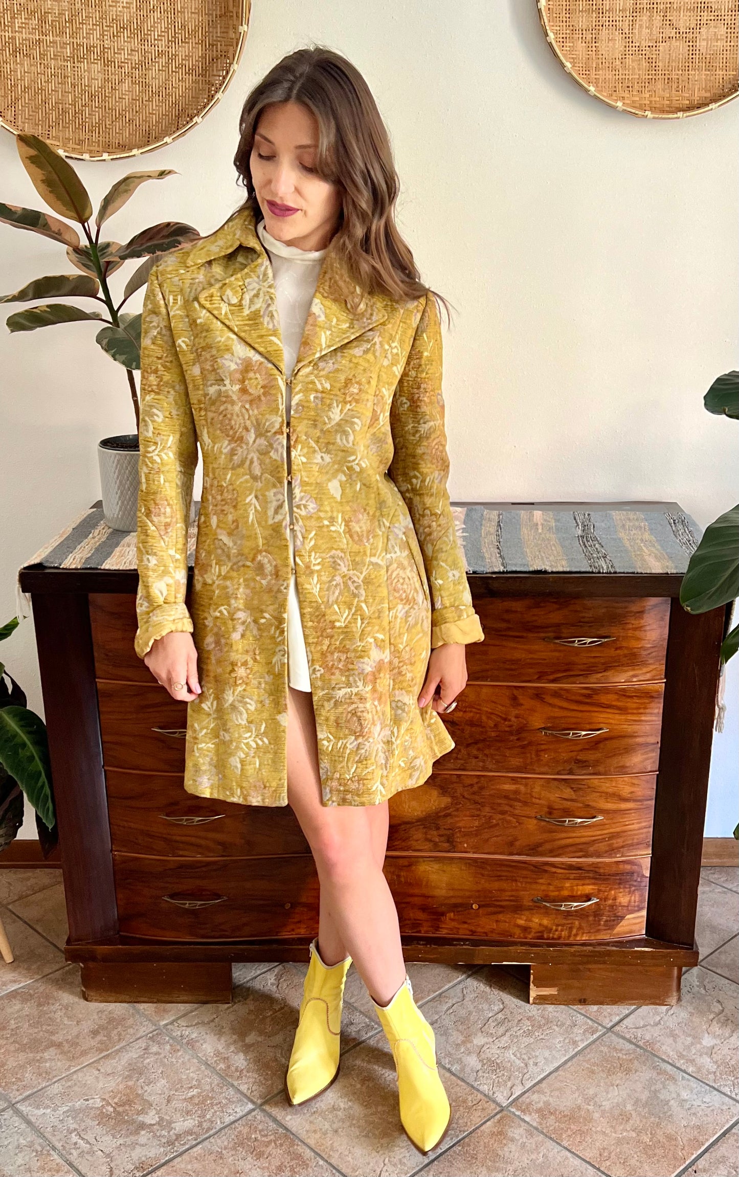 Y2k yellow brocade coat with pink and lilac floral weave