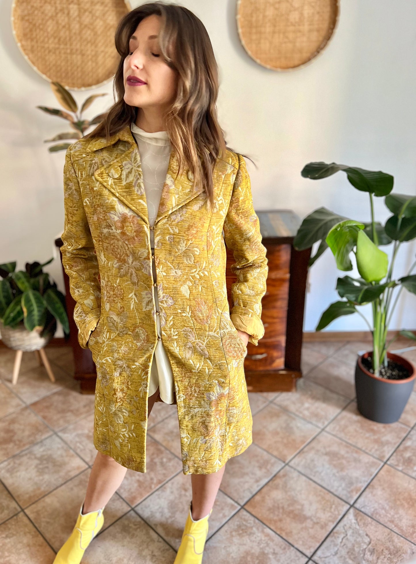 Y2k yellow brocade coat with pink and lilac floral weave