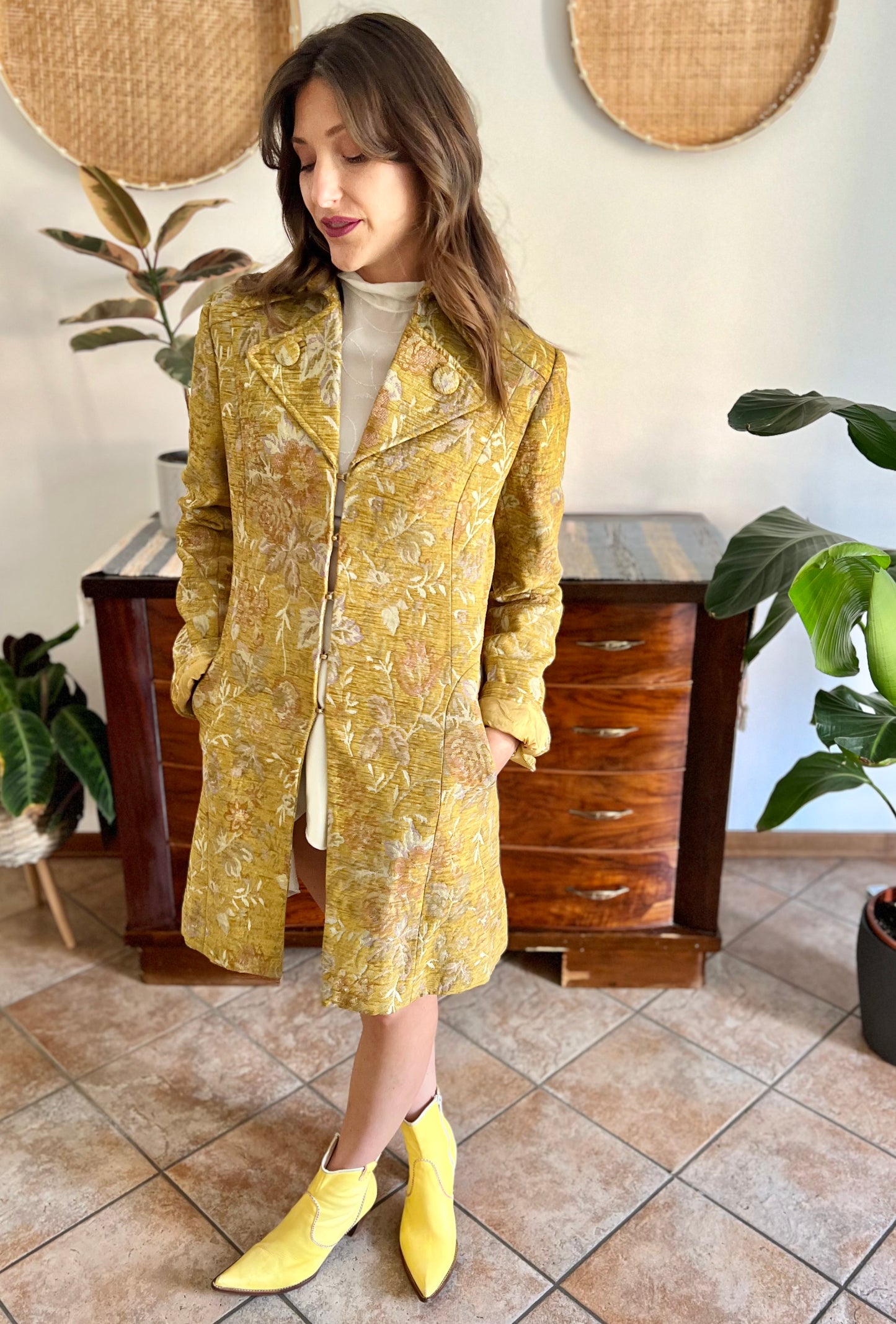Y2k yellow brocade coat with pink and lilac floral weave