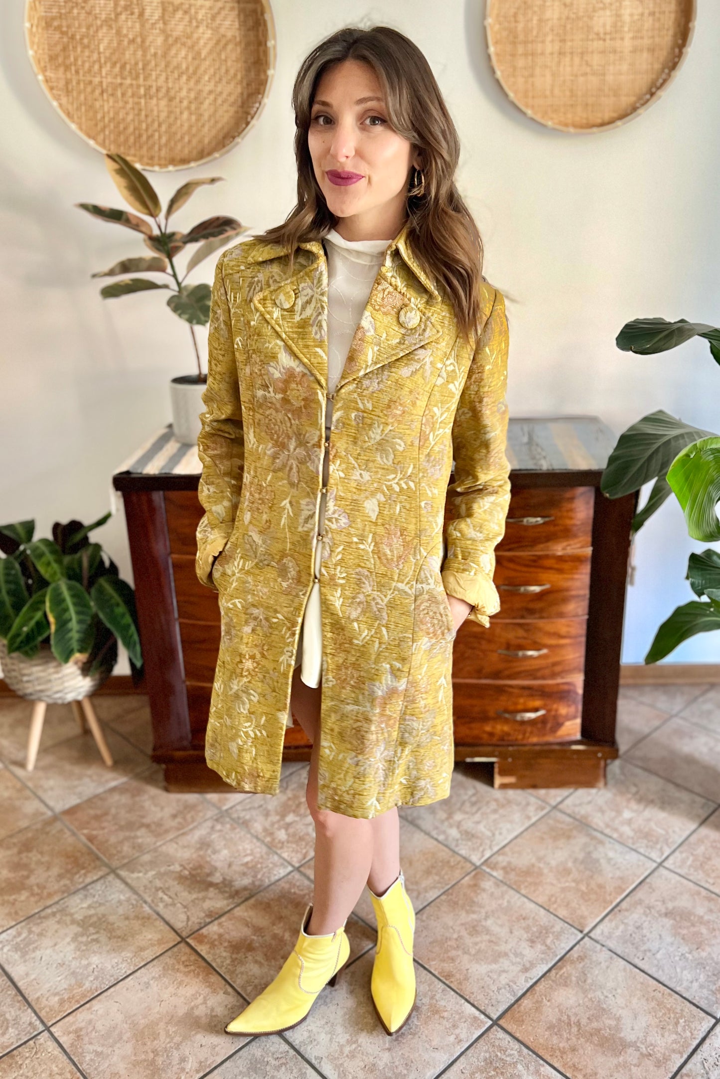 Y2k yellow brocade coat with pink and lilac floral weave