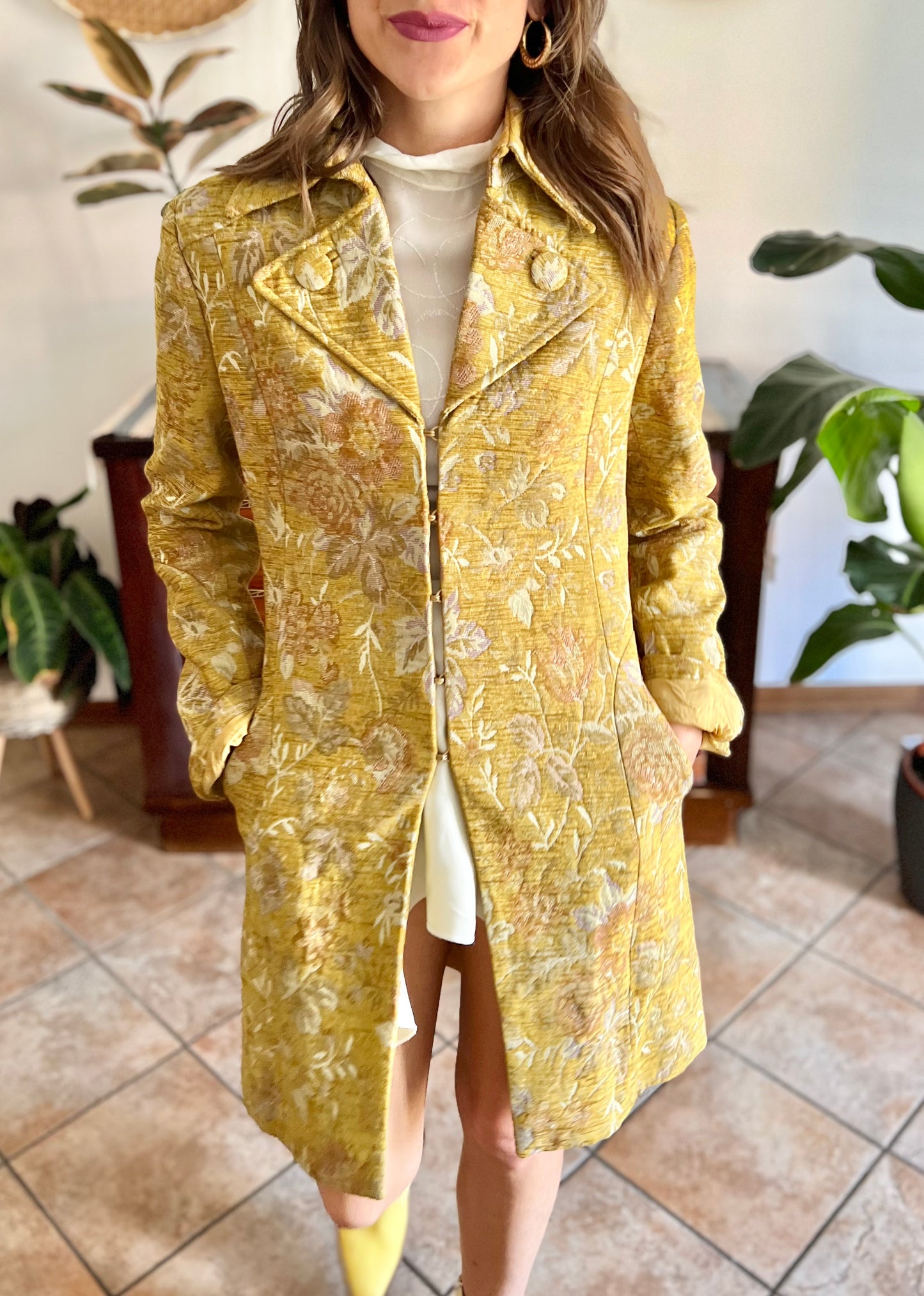 Y2k yellow brocade coat with pink and lilac floral weave