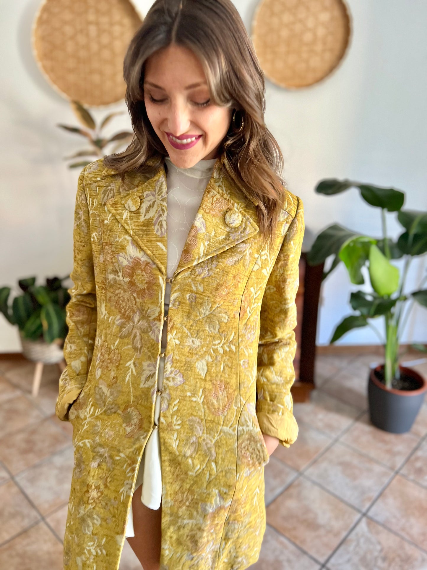 Y2k yellow brocade coat with pink and lilac floral weave