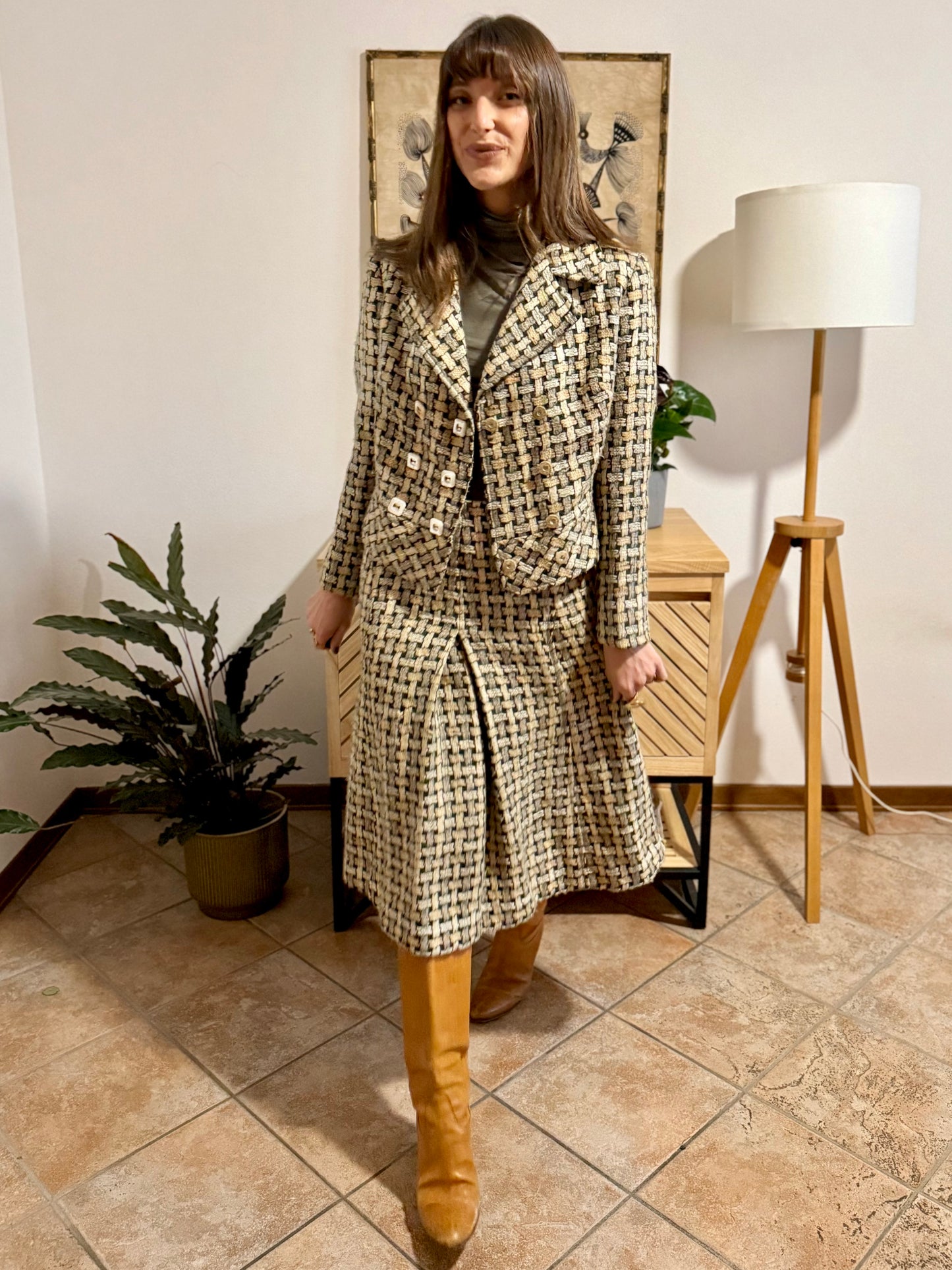 1960's vintage military green and cream tweed wool plaid blazer and skirt set