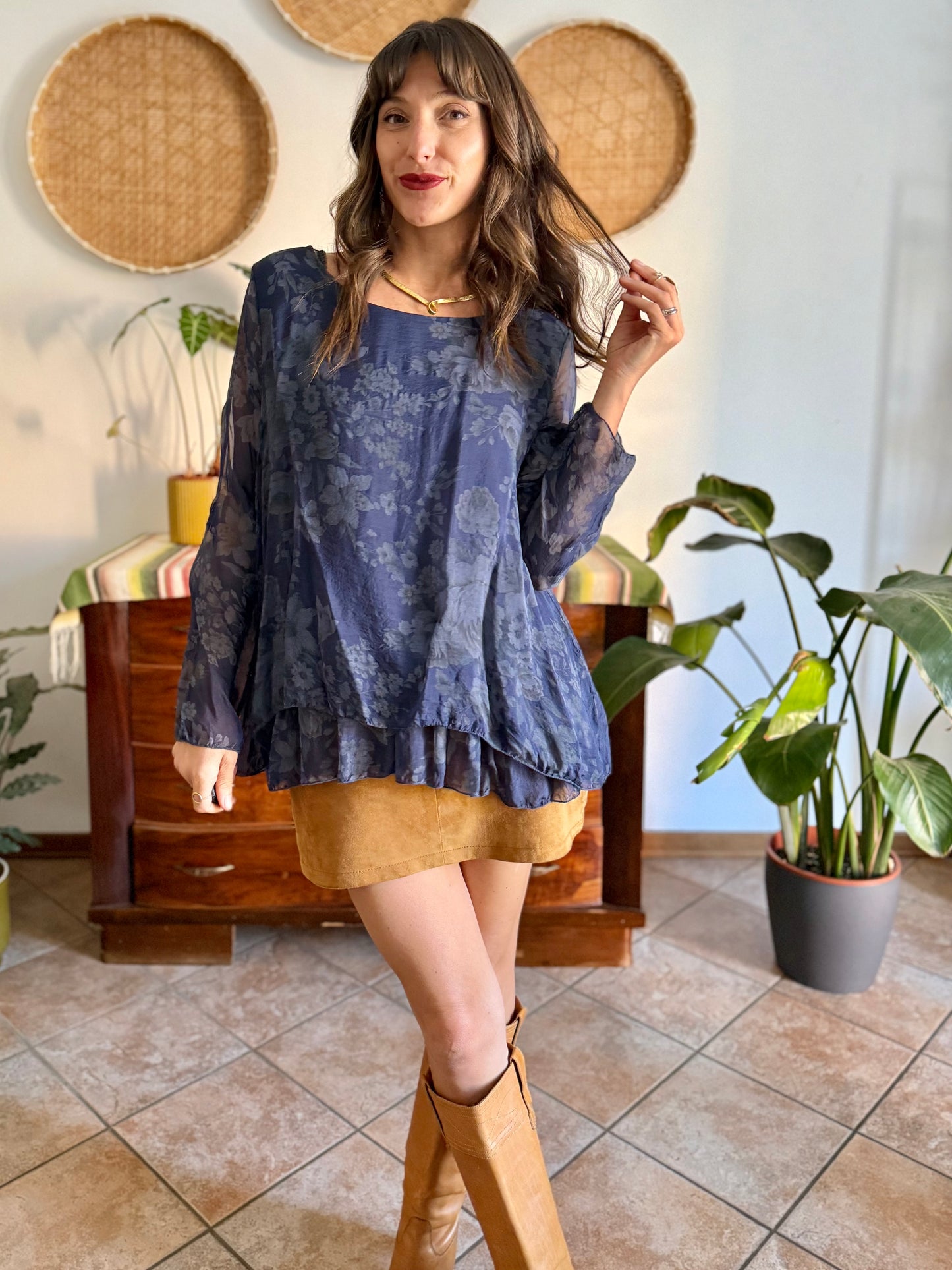 1990's vintage navy blue silk floral blouse with ruffle details