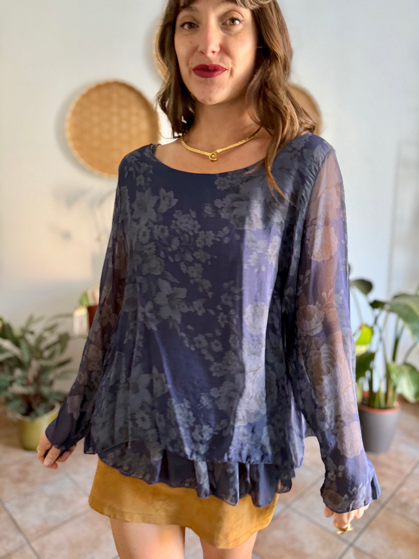 1990's vintage navy blue silk floral blouse with ruffle details