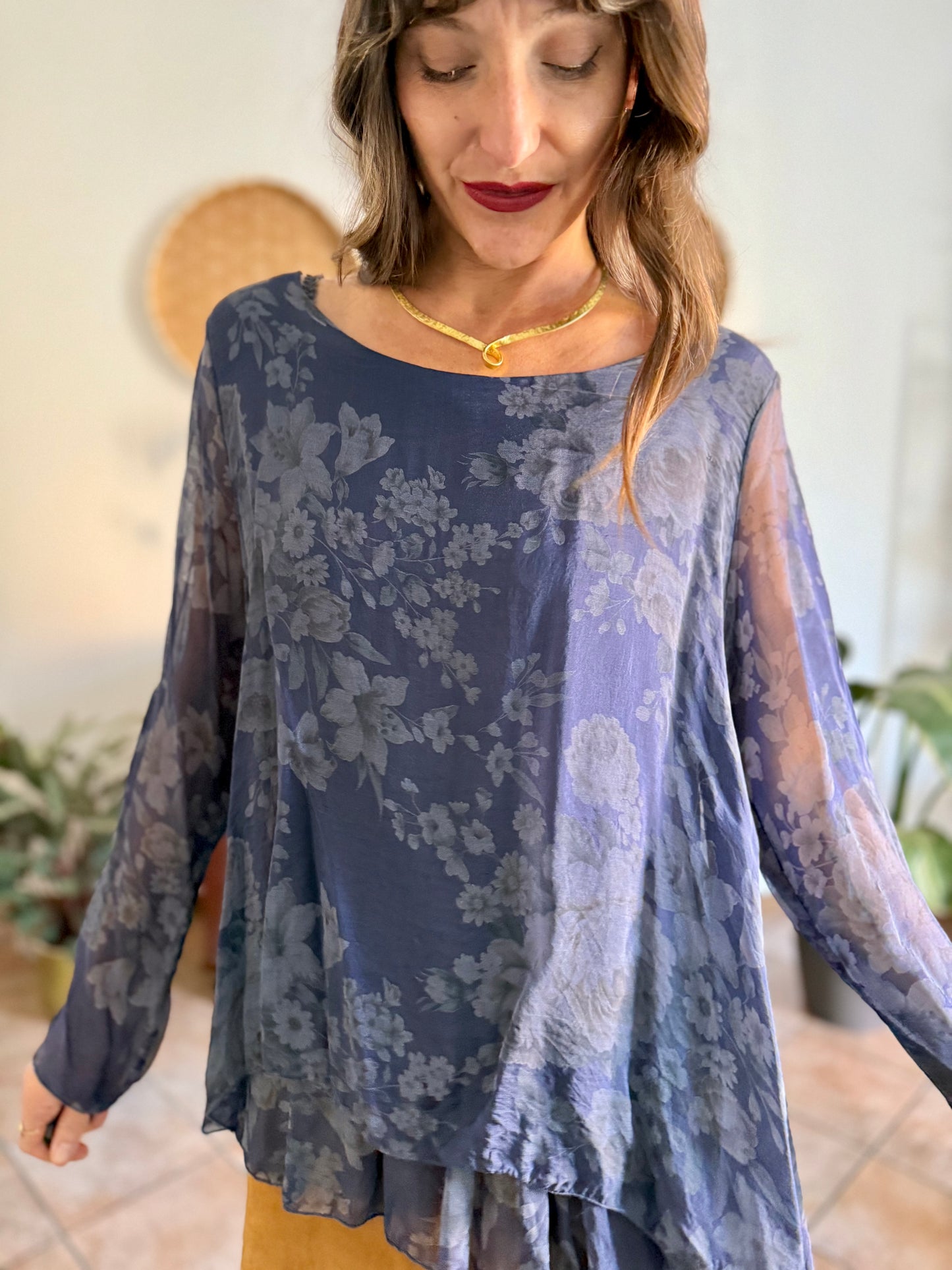1990's vintage navy blue silk floral blouse with ruffle details
