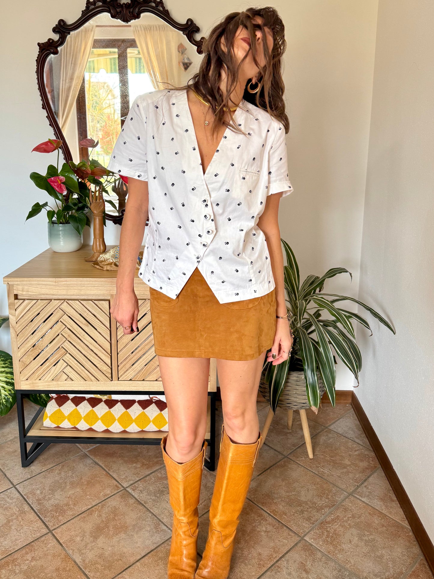 1970's vintage white asymmetrical button down blouse wit navy floral print