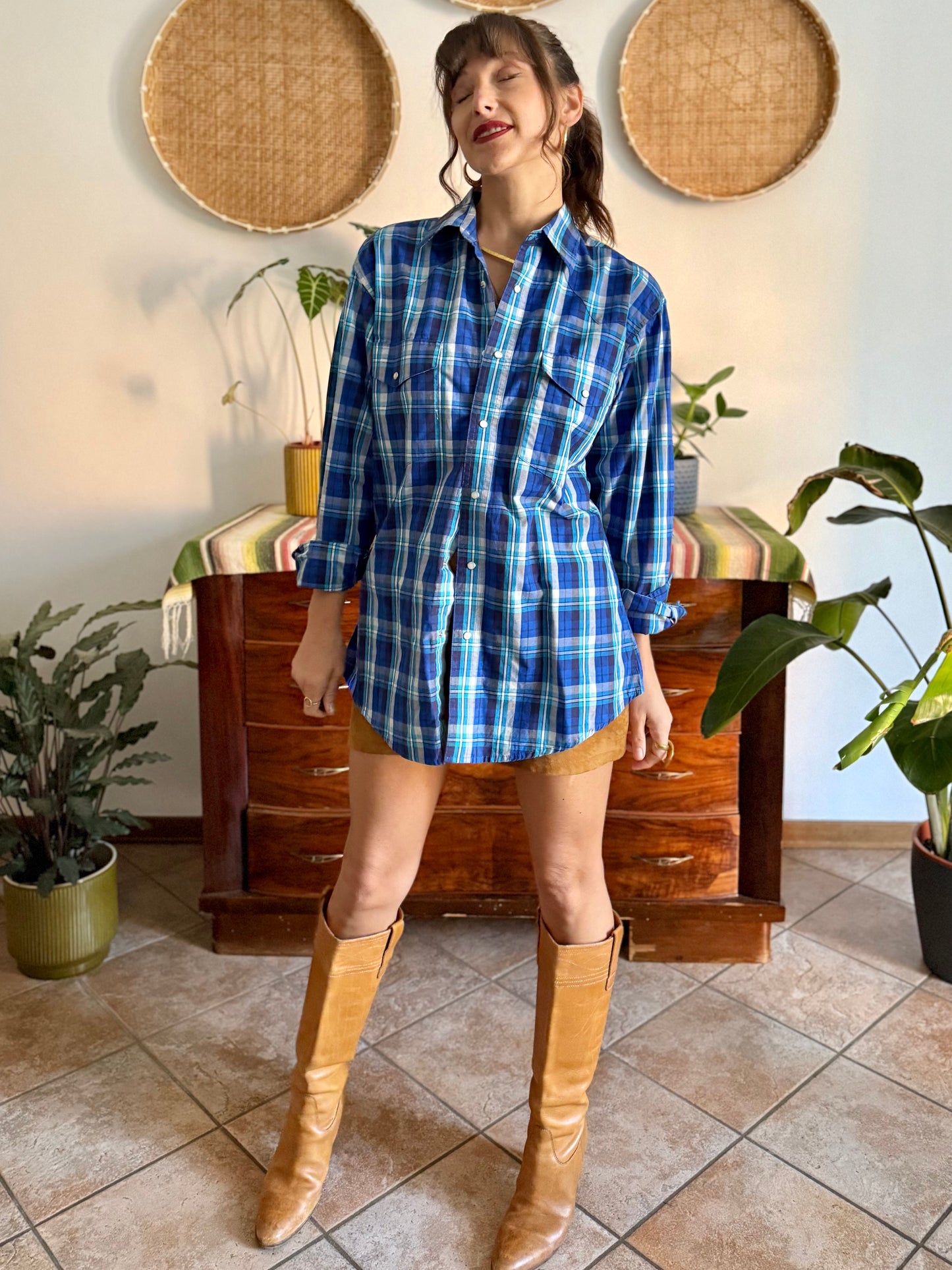 1990's vintage blue and turquoise plaid pearl snap western shirt with turquoise fringe