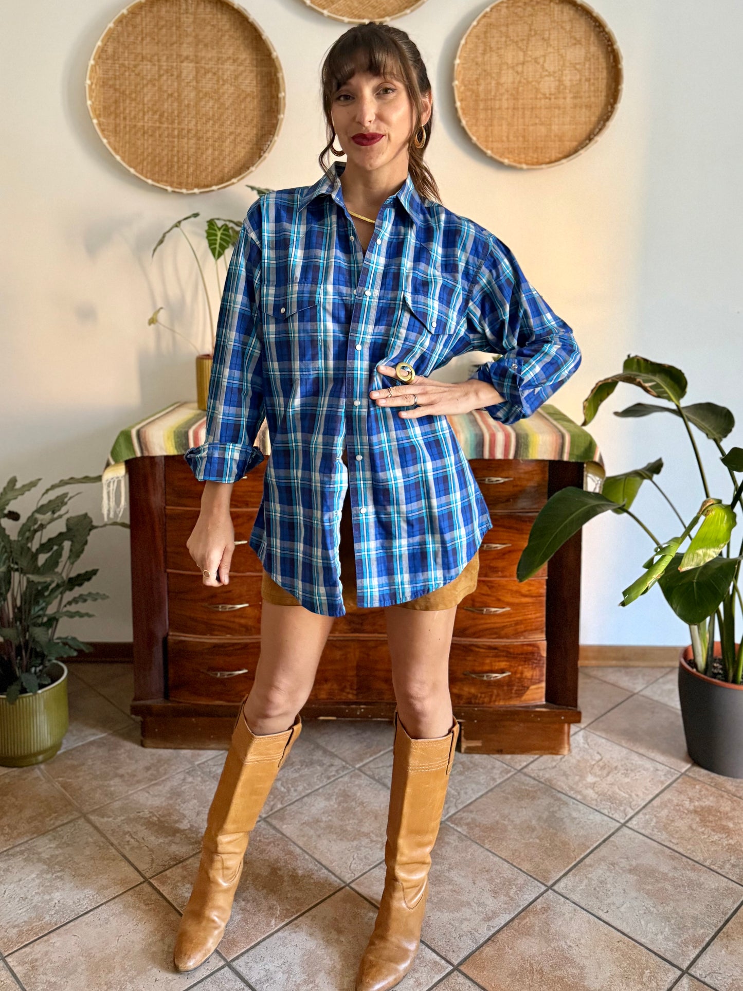 1990's vintage blue and turquoise plaid pearl snap western shirt with turquoise fringe