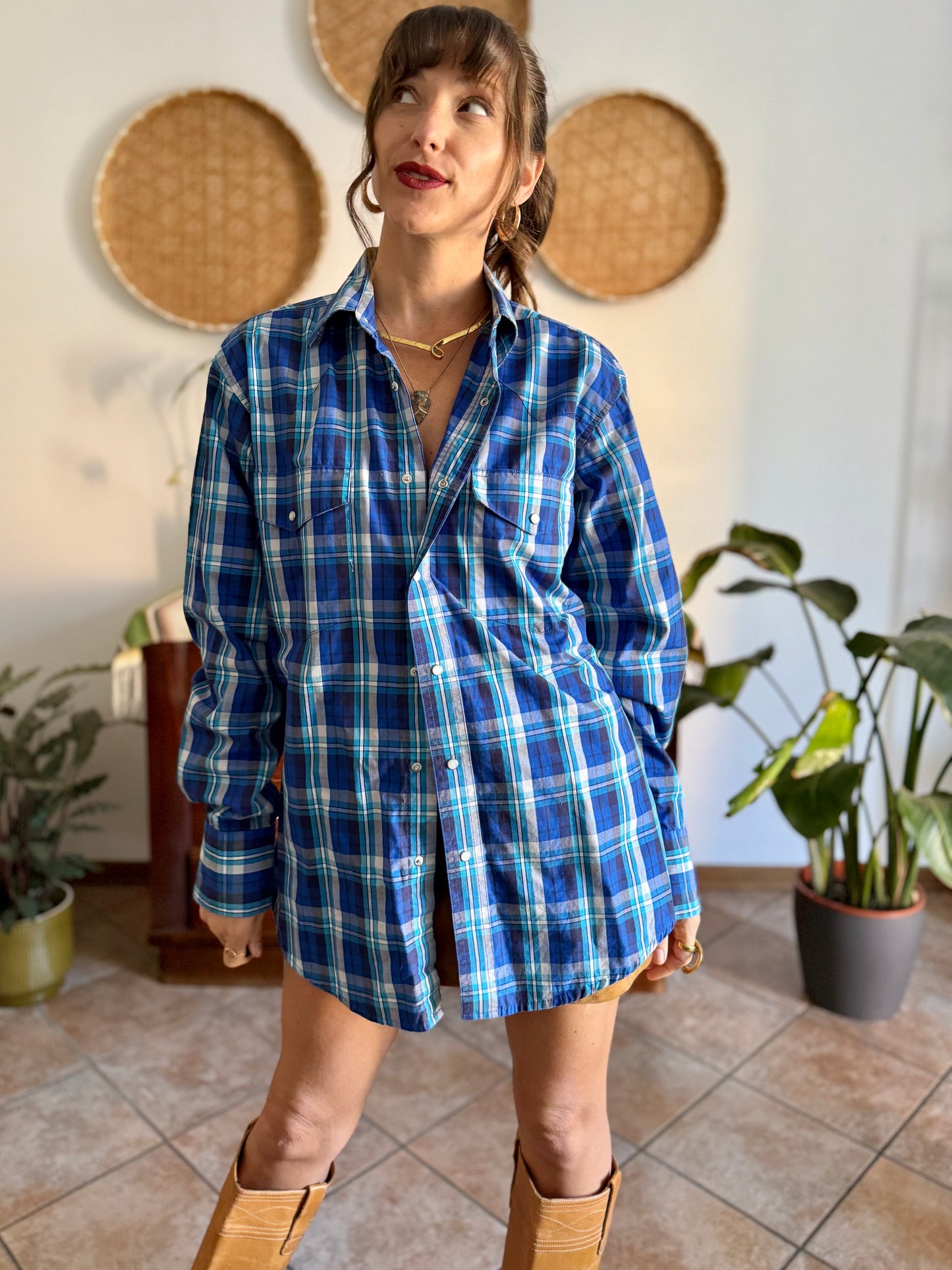 1990's vintage blue and turquoise plaid pearl snap western shirt with turquoise fringe