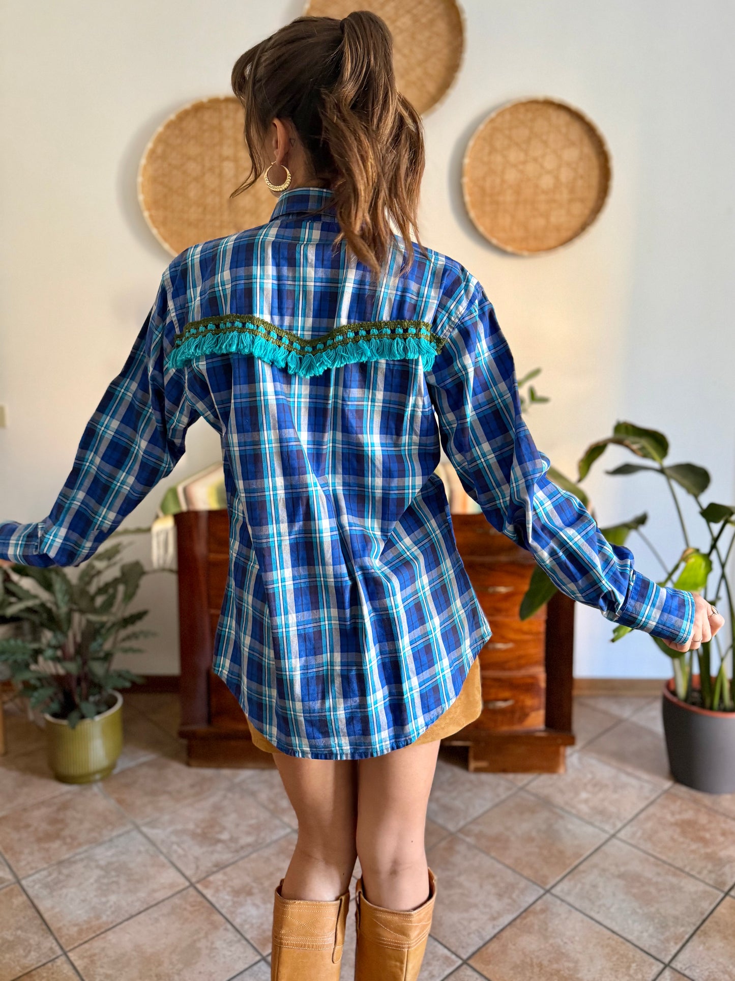 1990's vintage blue and turquoise plaid pearl snap western shirt with turquoise fringe