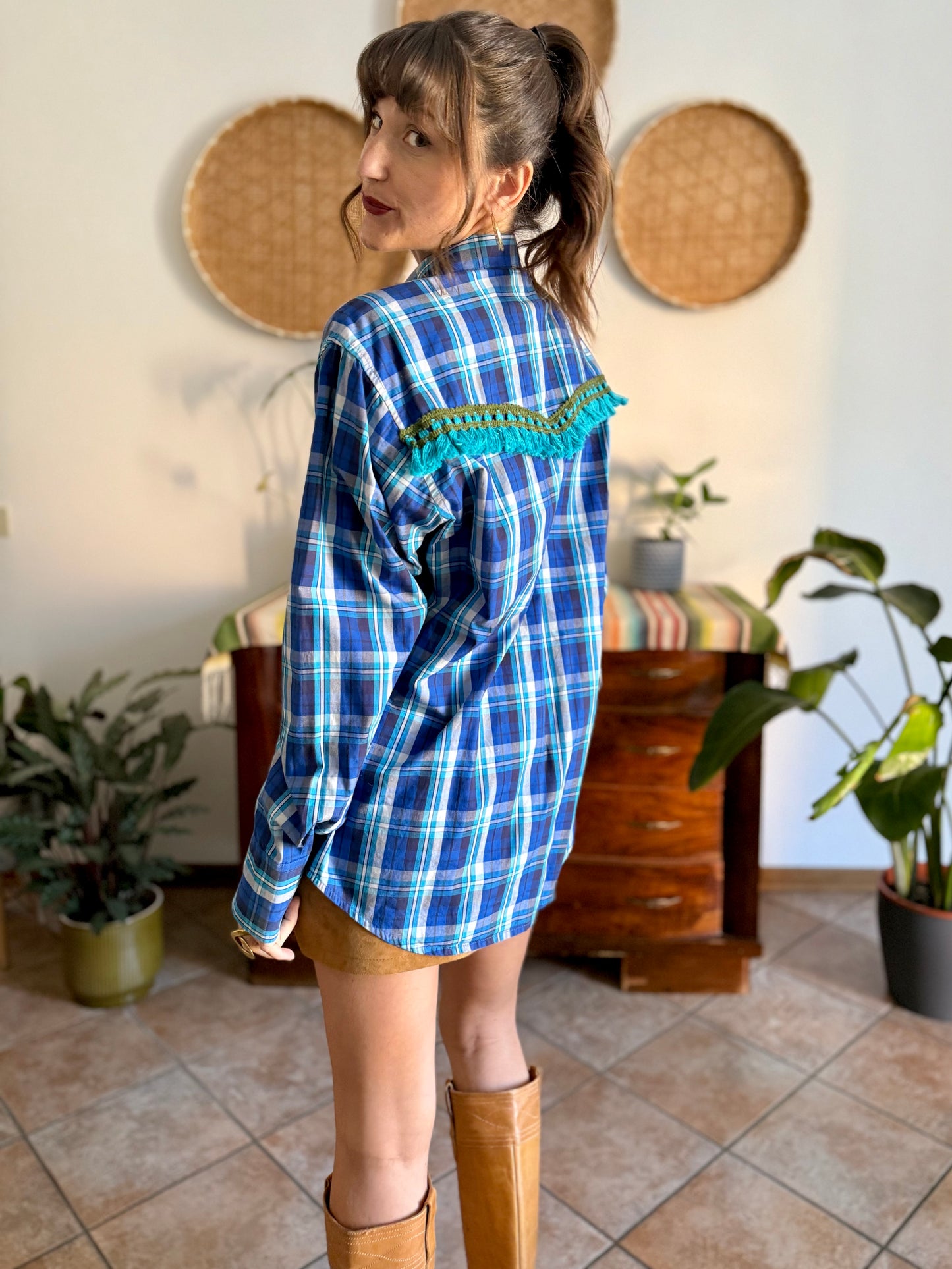 1990's vintage blue and turquoise plaid pearl snap western shirt with turquoise fringe