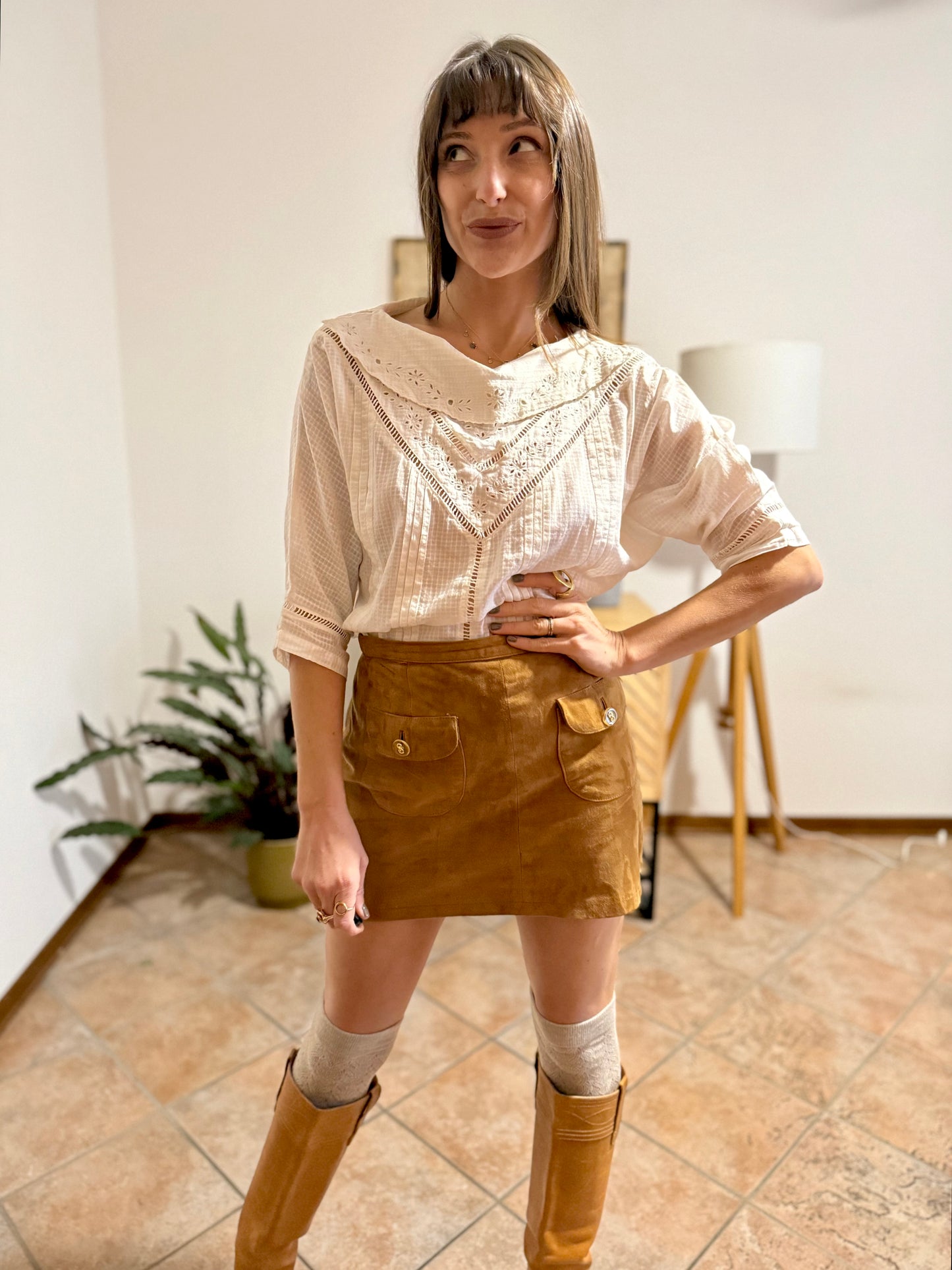 1970's vintage textured cream Peter Pan collar blouse with crocheted details