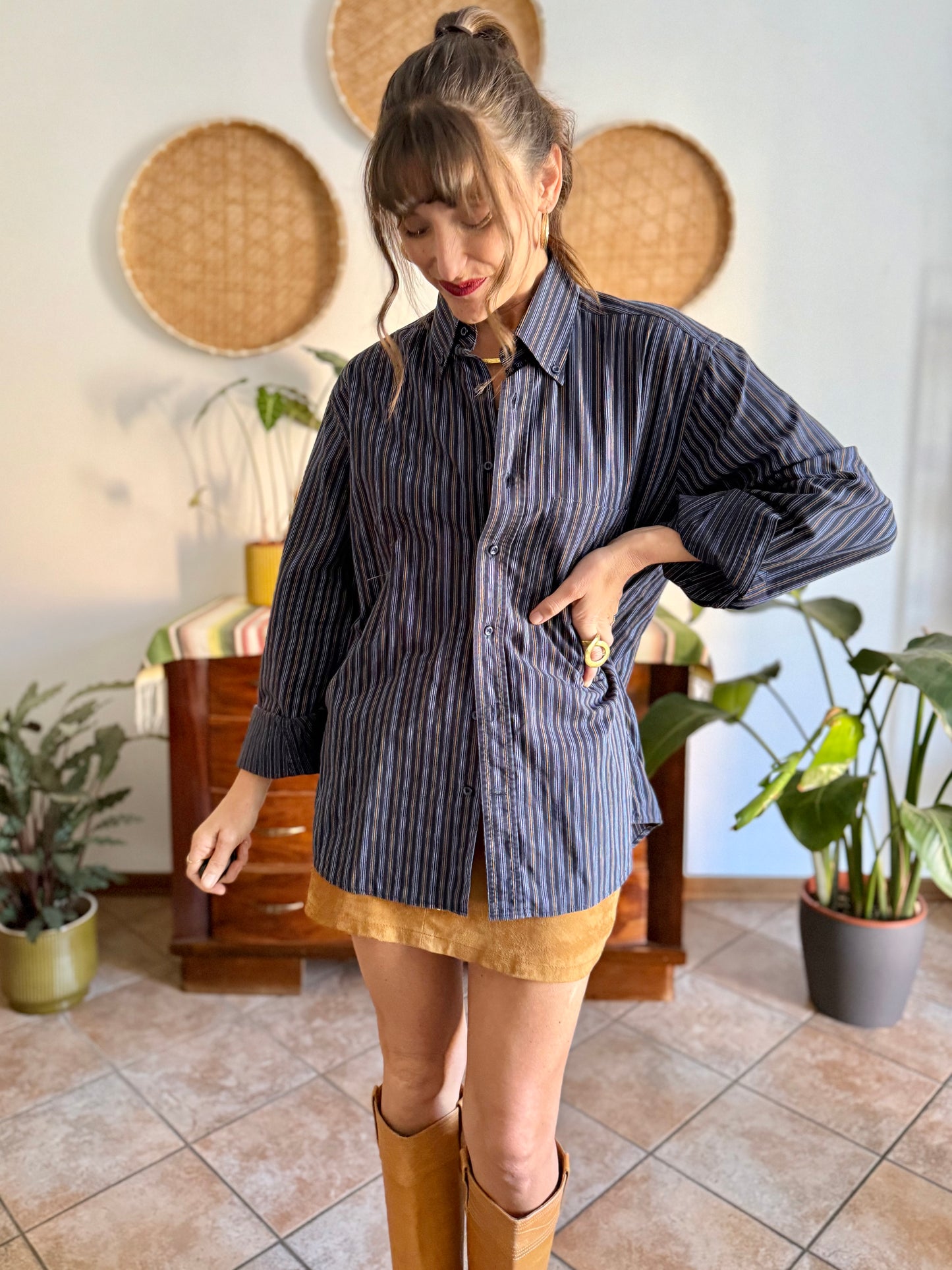 1990's vintage navy blue oversize shirt with white and tan pin striping