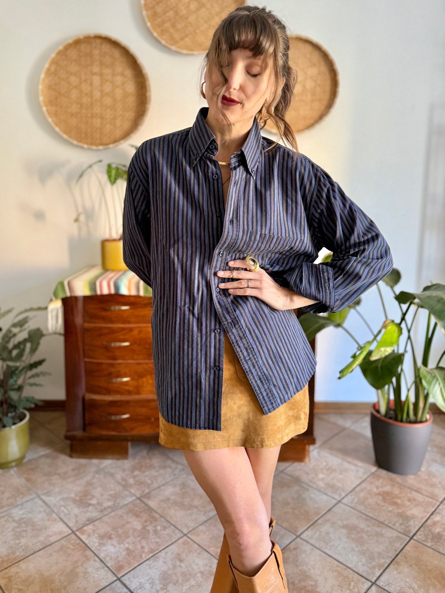 1990's vintage navy blue oversize shirt with white and tan pin striping