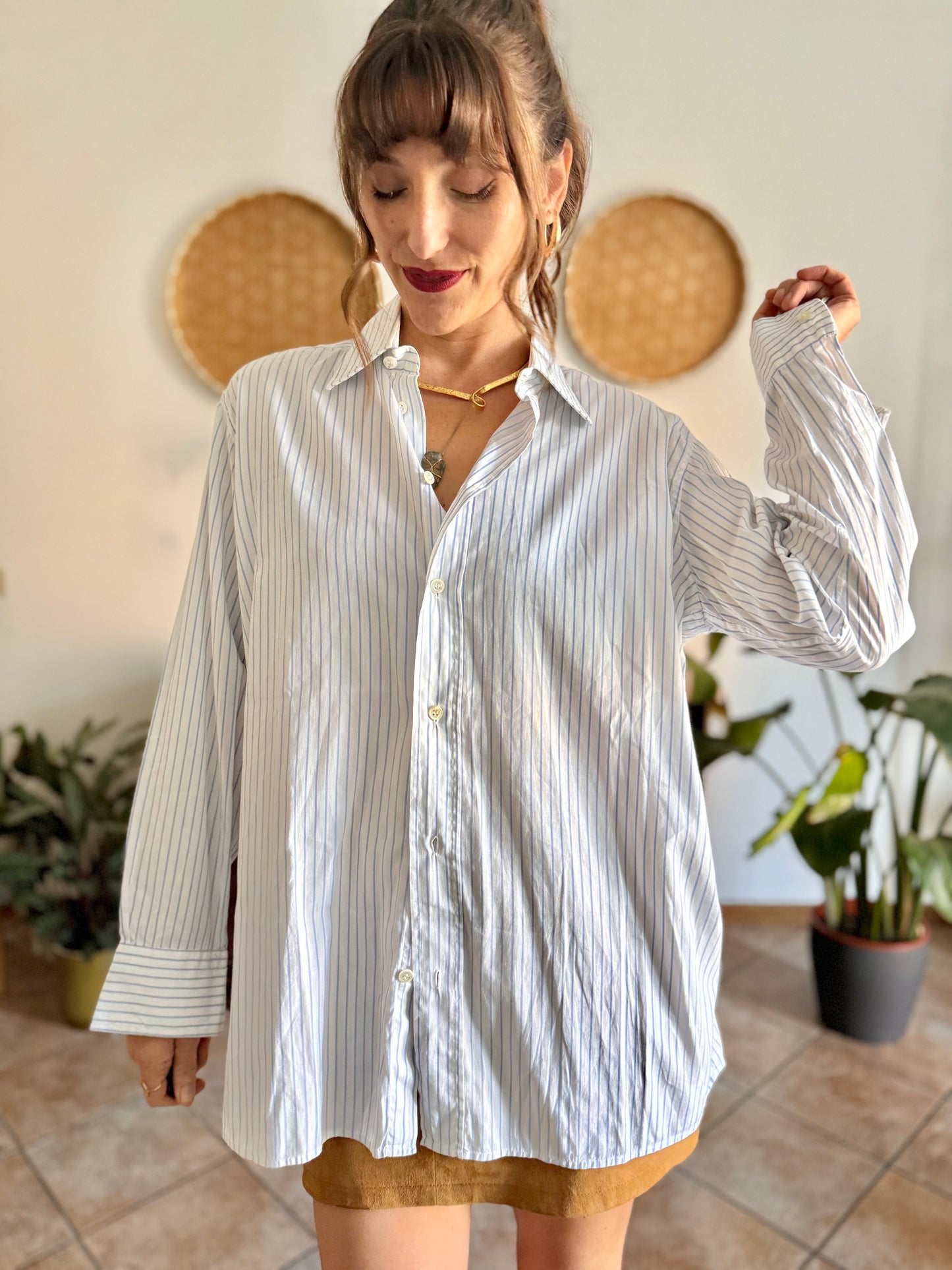 1970's vintage oversize white and light blue vertical strip shirt
