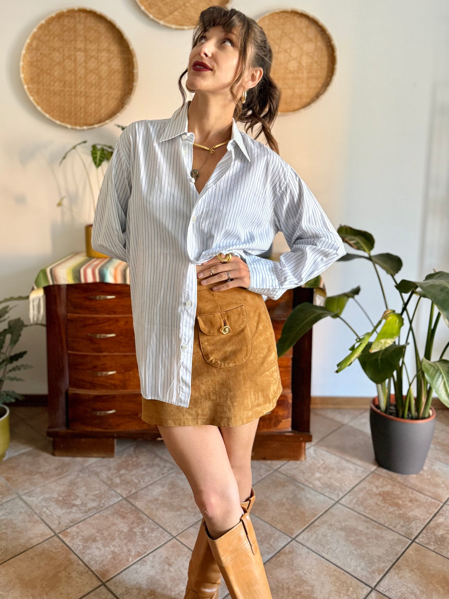 1970's vintage oversize white and light blue vertical strip shirt