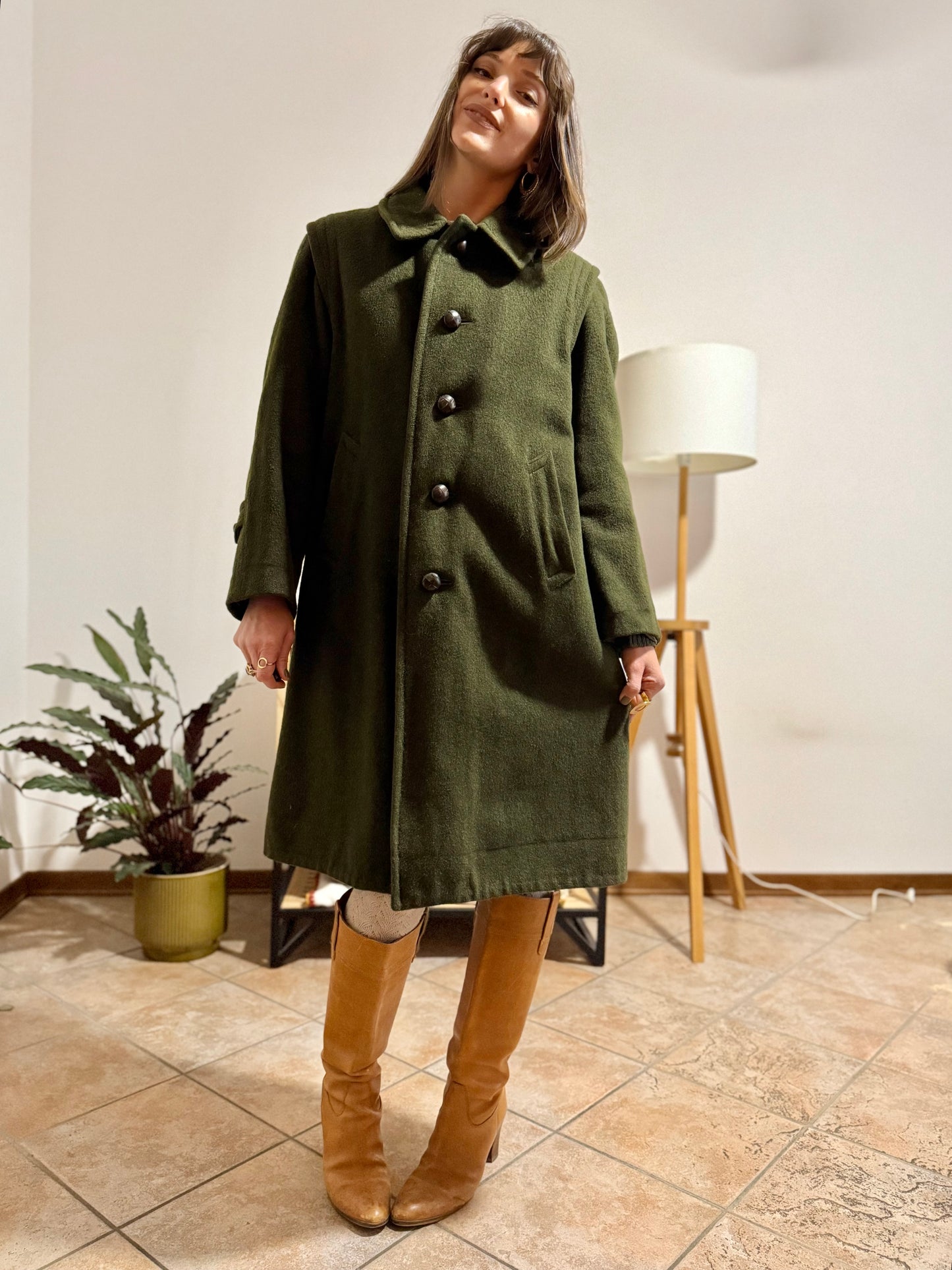 1960's vintage military green wool structured wool coat with leather buttons