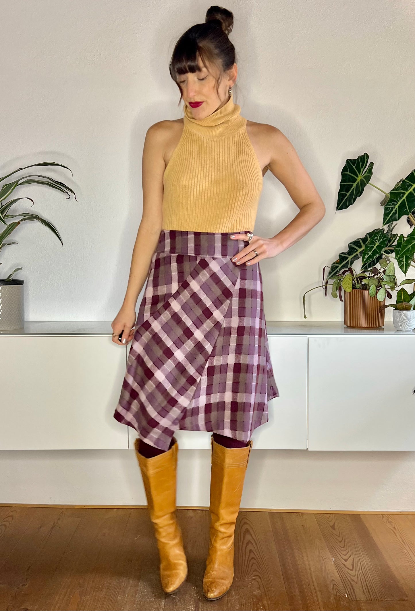 1990's vintage burgundy and grey asymmetrical plaid wool blend midi skirt