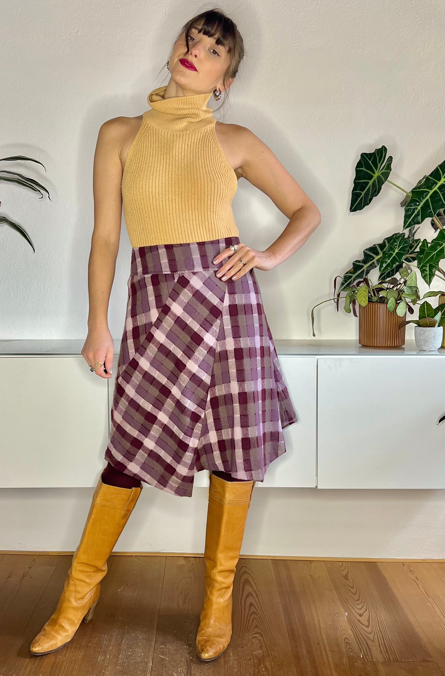1990's vintage burgundy and grey asymmetrical plaid wool blend midi skirt
