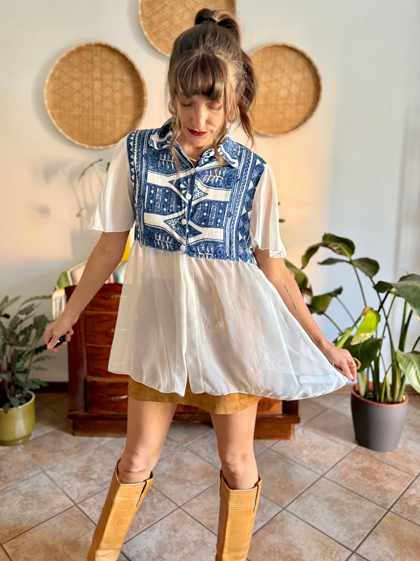 1990's vintage blue and cream geometric print blouse with sheer cream paneling and sleeves