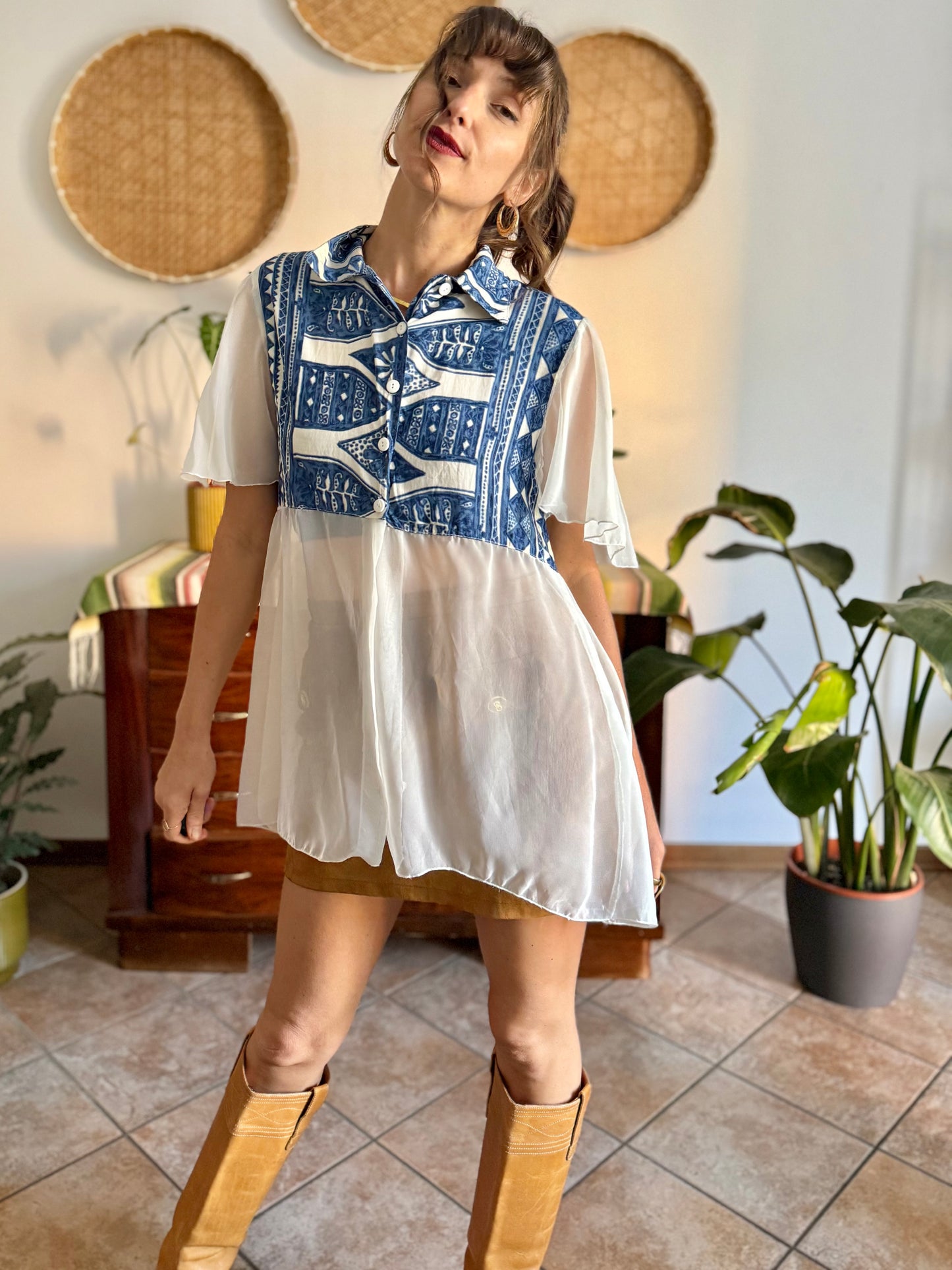 1990's vintage blue and cream geometric print blouse with sheer cream paneling and sleeves