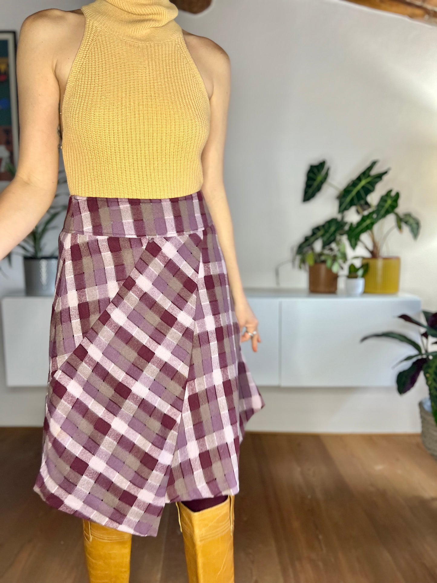 1990's vintage burgundy and grey asymmetrical plaid wool blend midi skirt