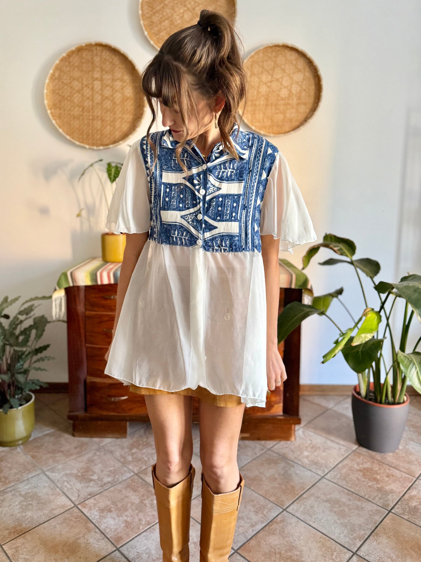 1990's vintage blue and cream geometric print blouse with sheer cream paneling and sleeves