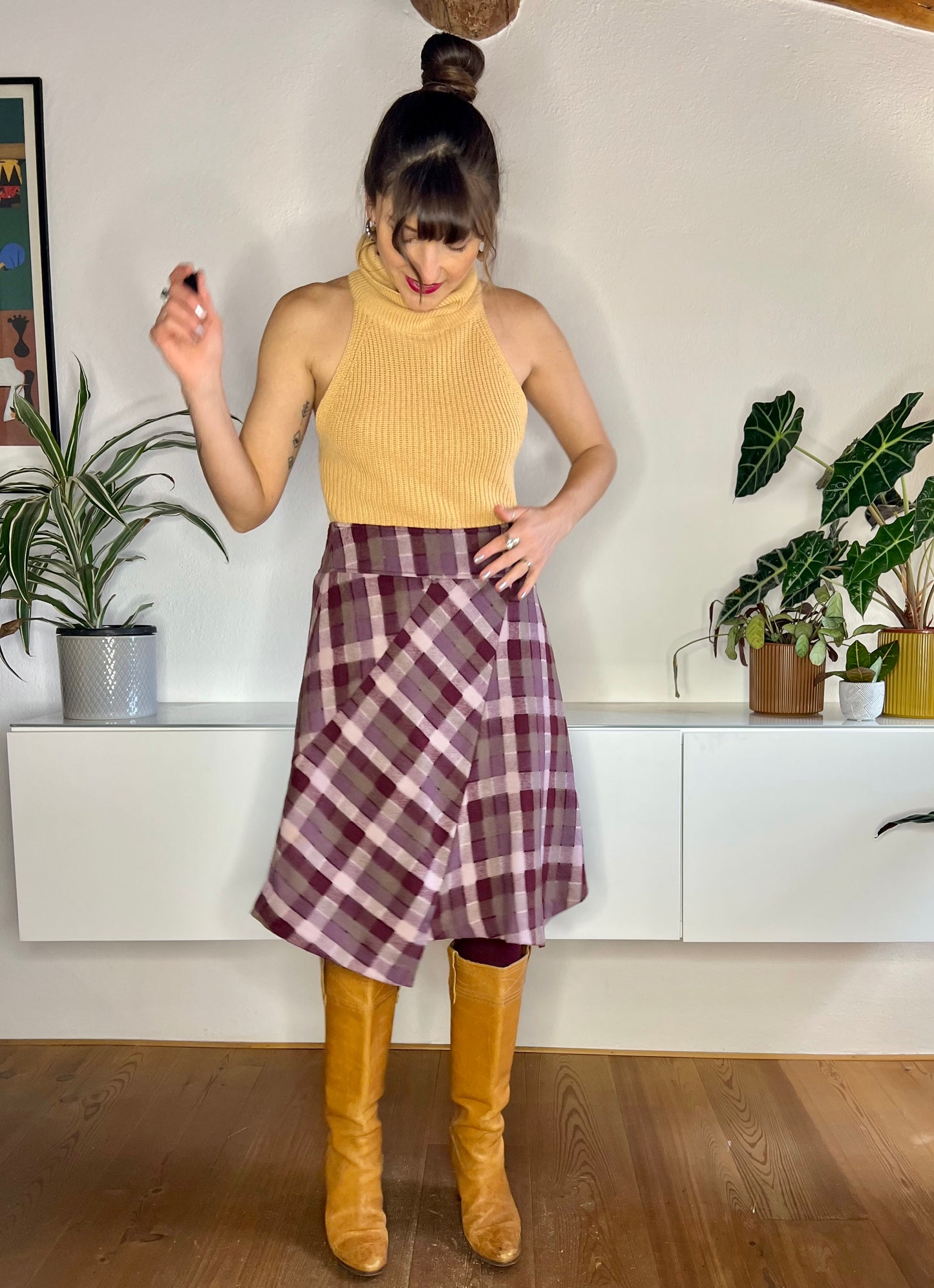 1990's vintage burgundy and grey asymmetrical plaid wool blend midi skirt