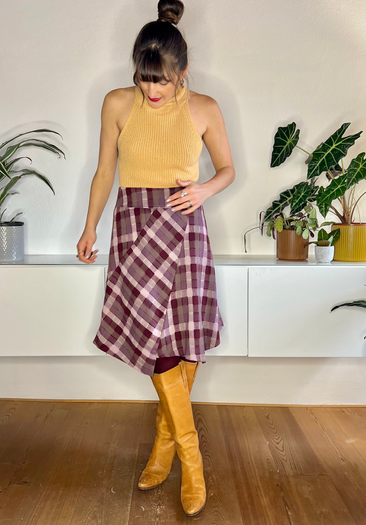 1990's vintage burgundy and grey asymmetrical plaid wool blend midi skirt