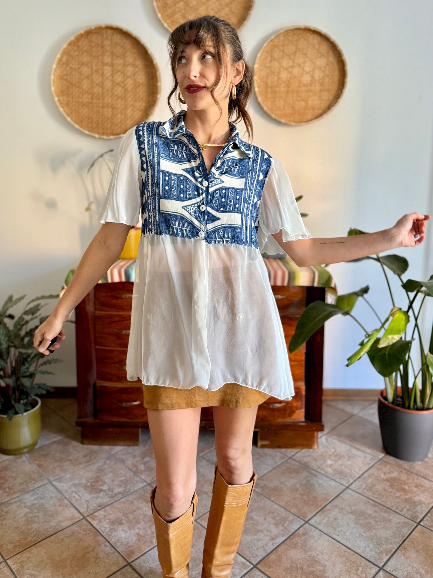 1990's vintage blue and cream geometric print blouse with sheer cream paneling and sleeves