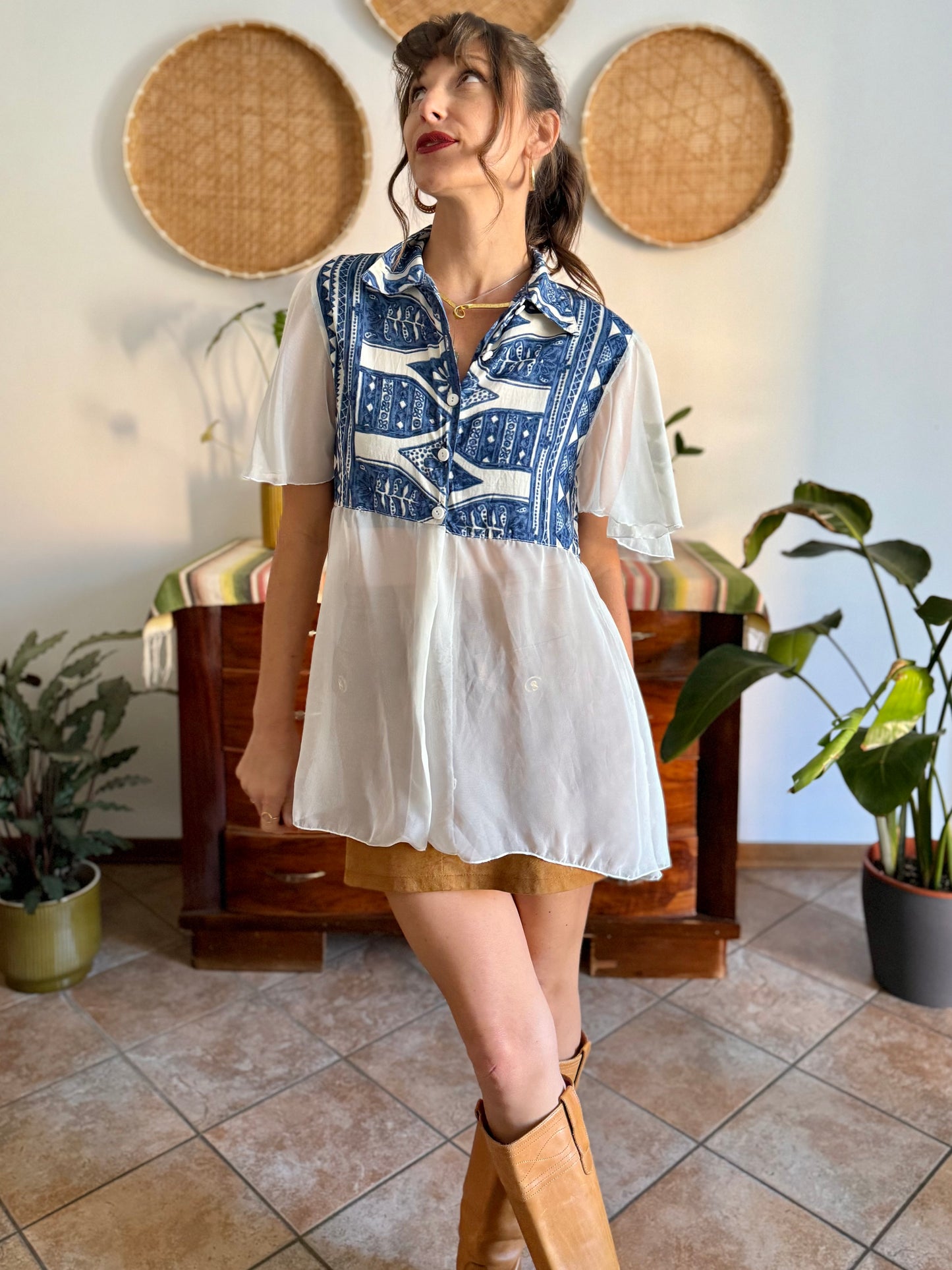 1990's vintage blue and cream geometric print blouse with sheer cream paneling and sleeves
