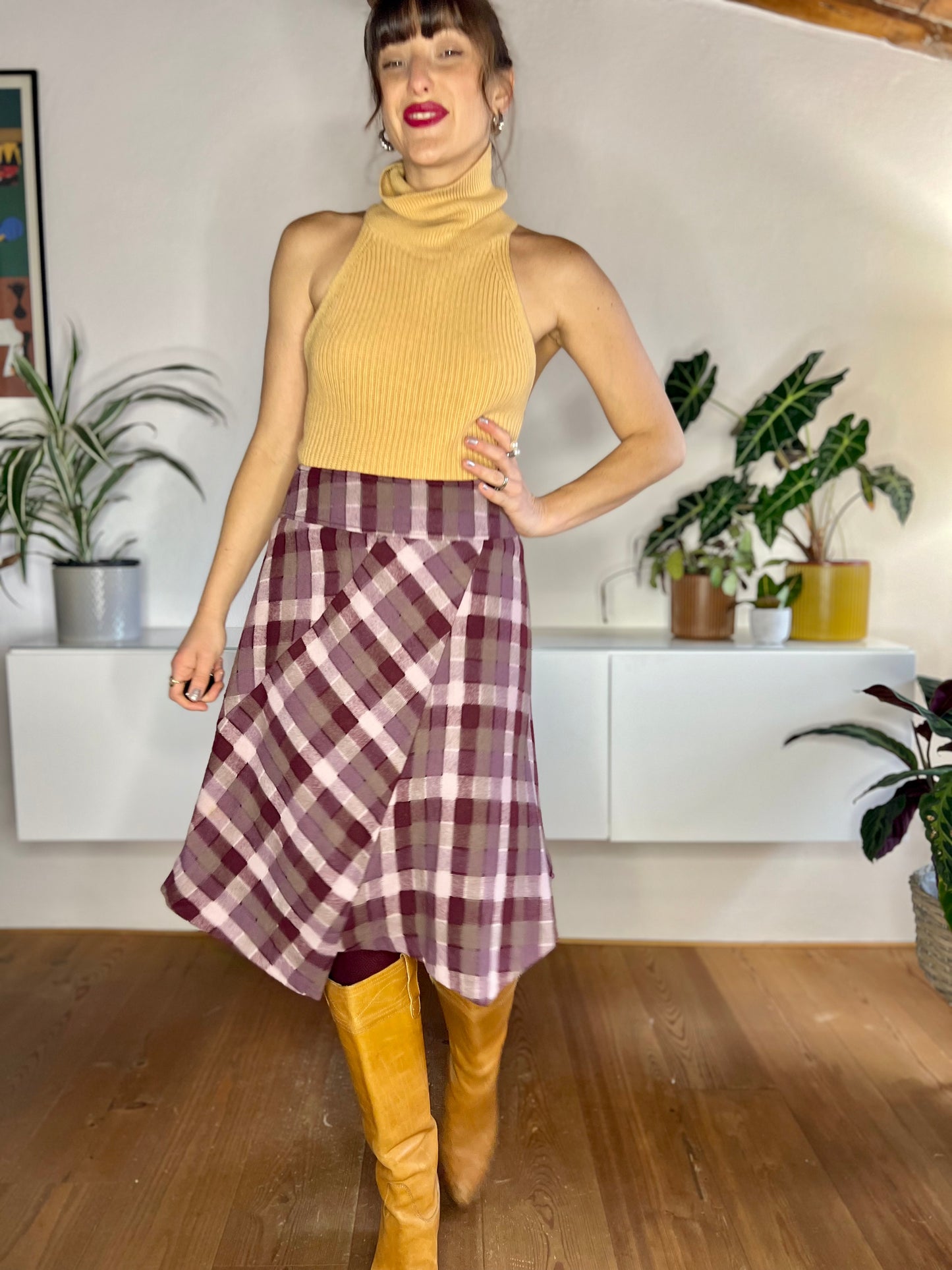 1990's vintage burgundy and grey asymmetrical plaid wool blend midi skirt
